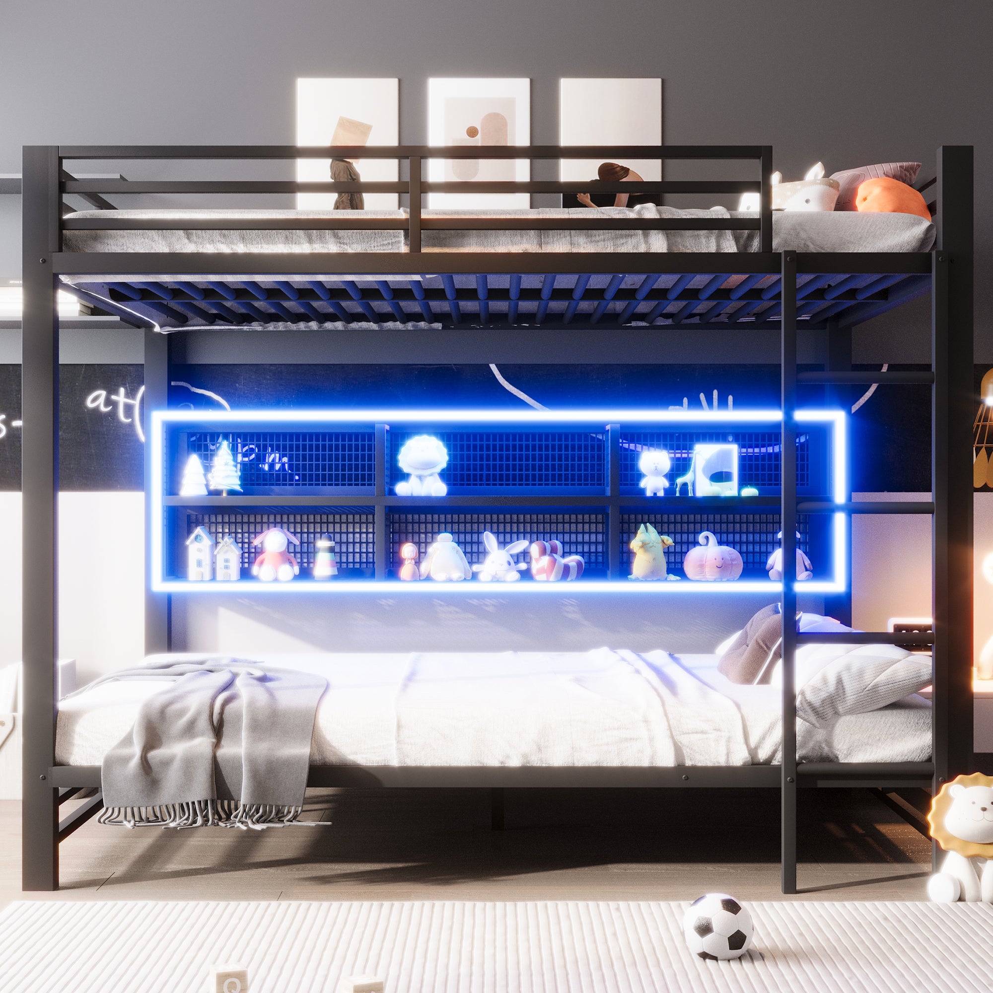 Bunk Bed 140x200 with Storage Cabinets LED Light Black