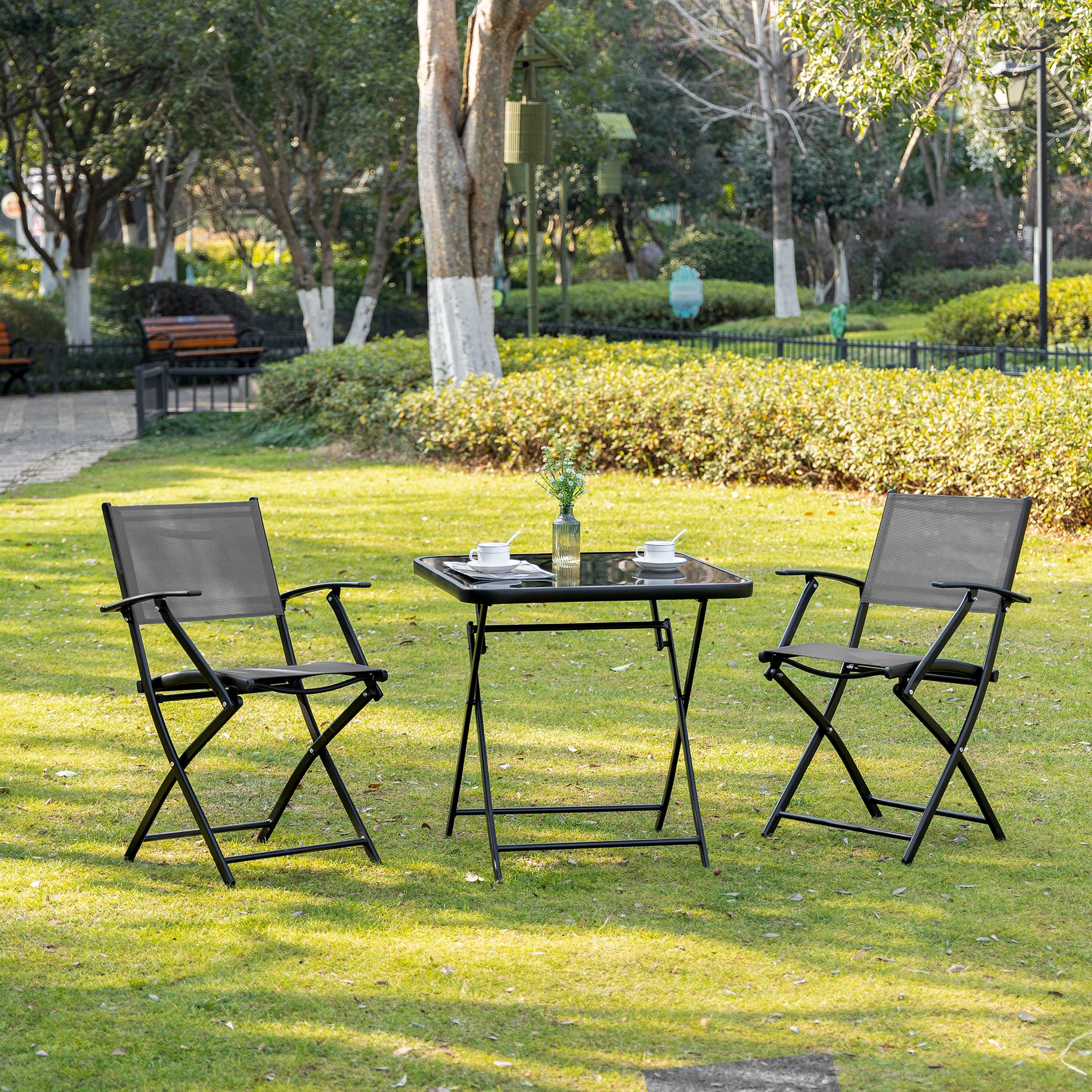 Folding Balcony Set, 2-Person Table & Chairs, Metal Mesh, Black & Grey
