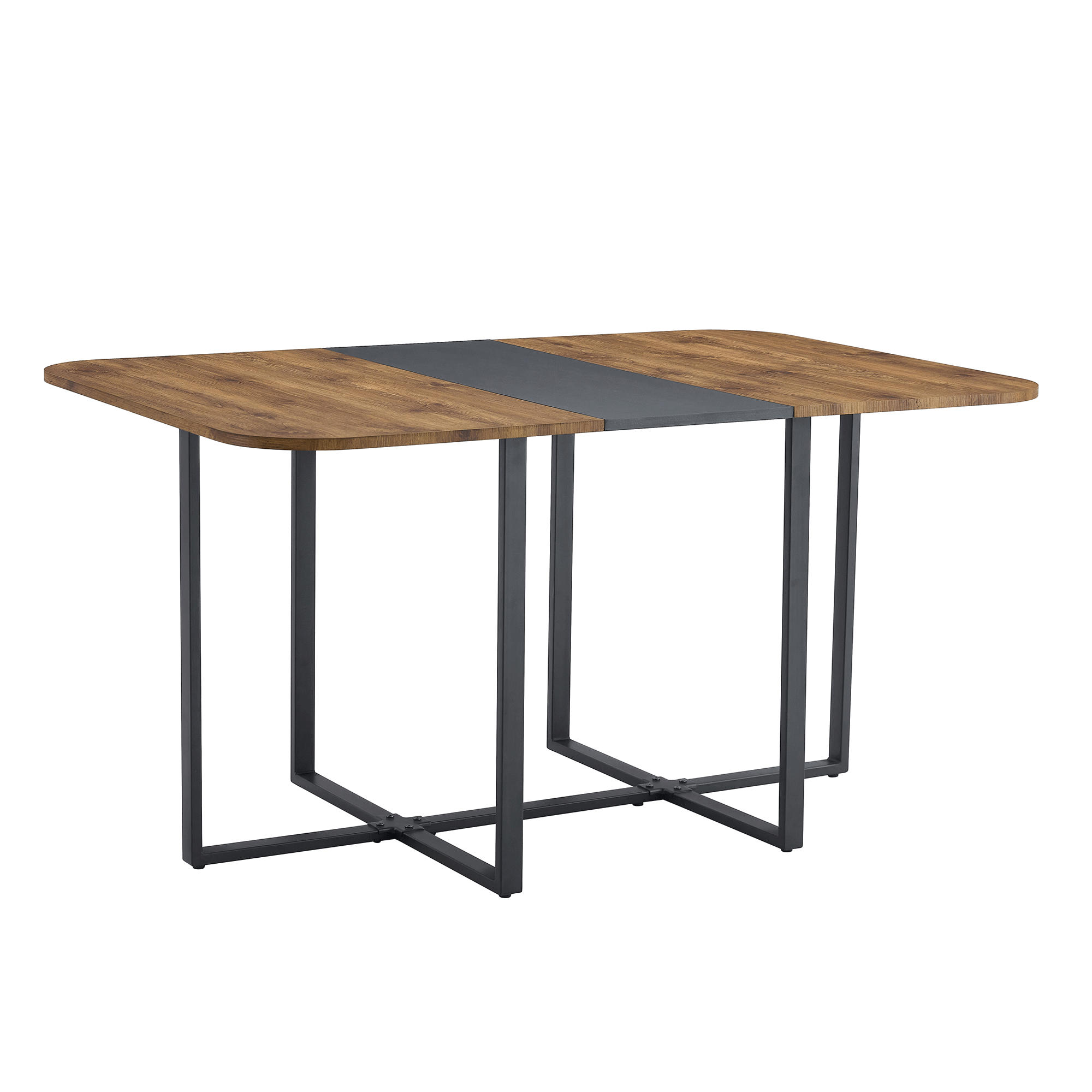 Extendable Dining Table Wood Grain Accent Black Metal Frame 4-6 Seater