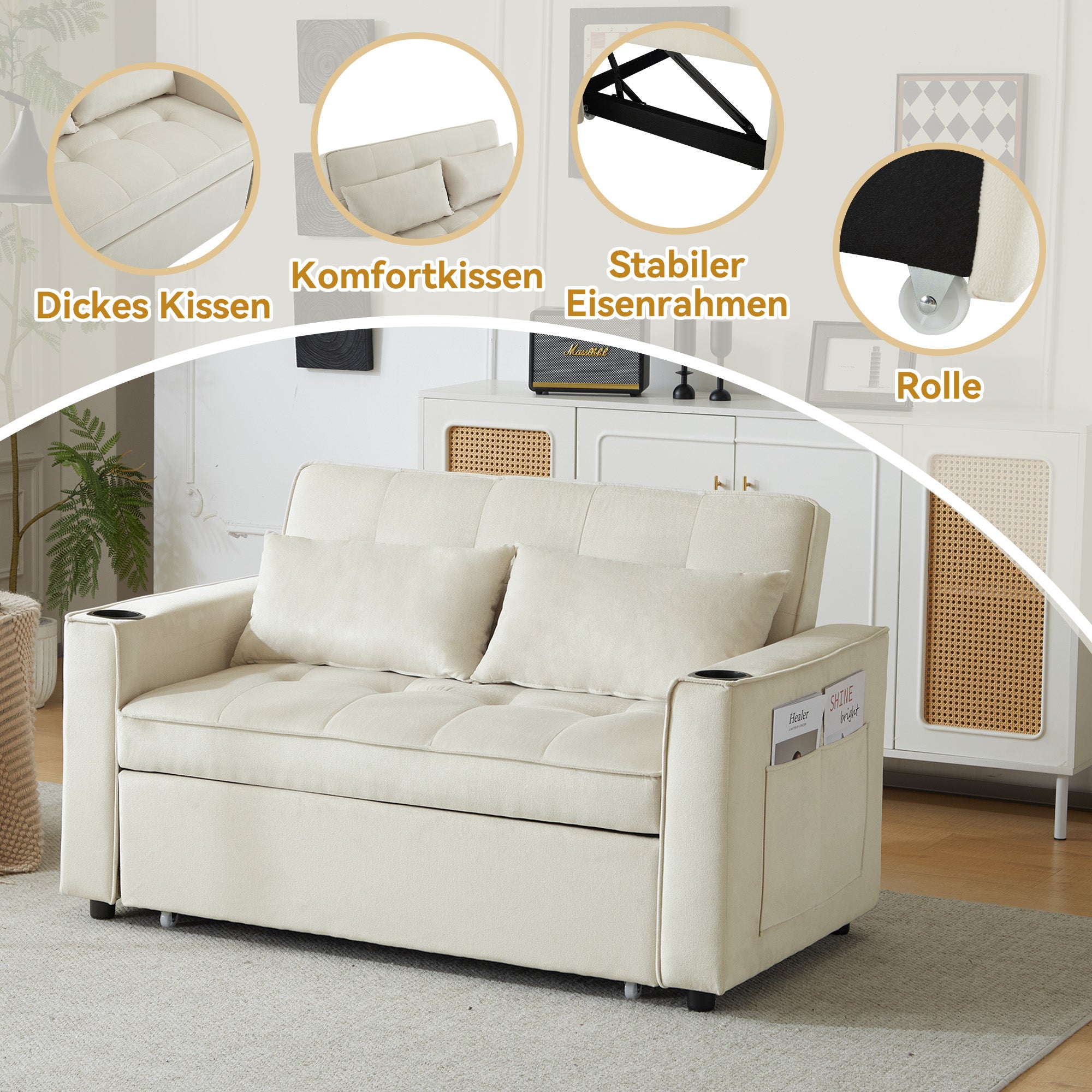 Folding Sofa Bed, Multifunctional with Cup Holder & Pillow, for Living Room, Bedroom, Home Theater