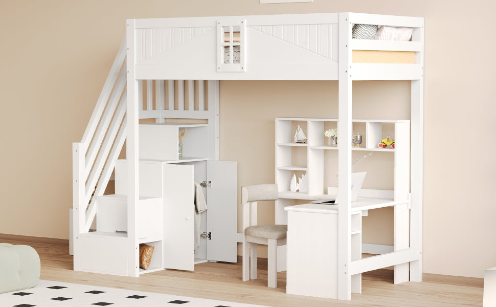 Loft Bed, Multifunctional with Safety Door & Storage, Solid Wood White