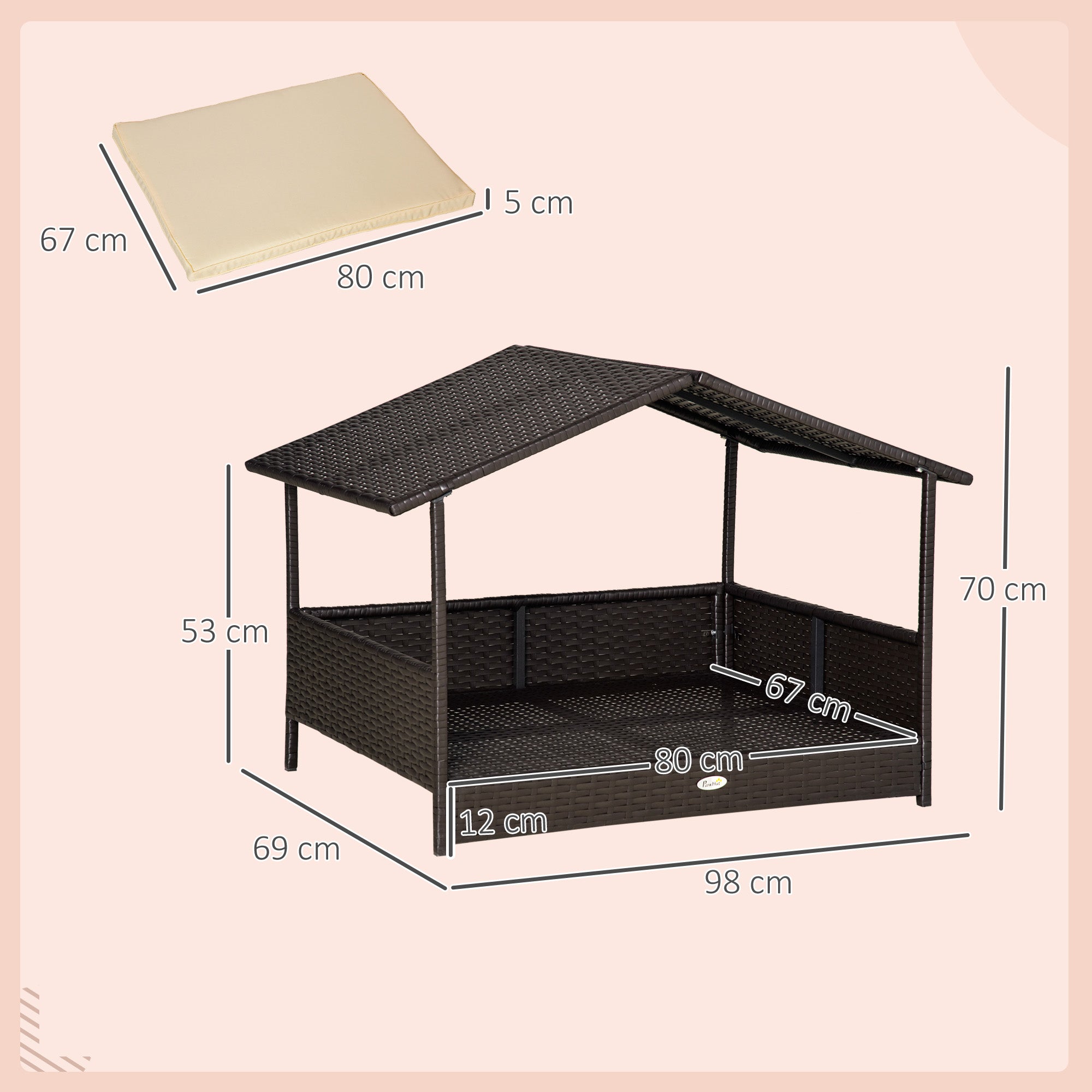 Rattan Dog House, Outdoor Bed, Steel Frame, Coffee-Brown