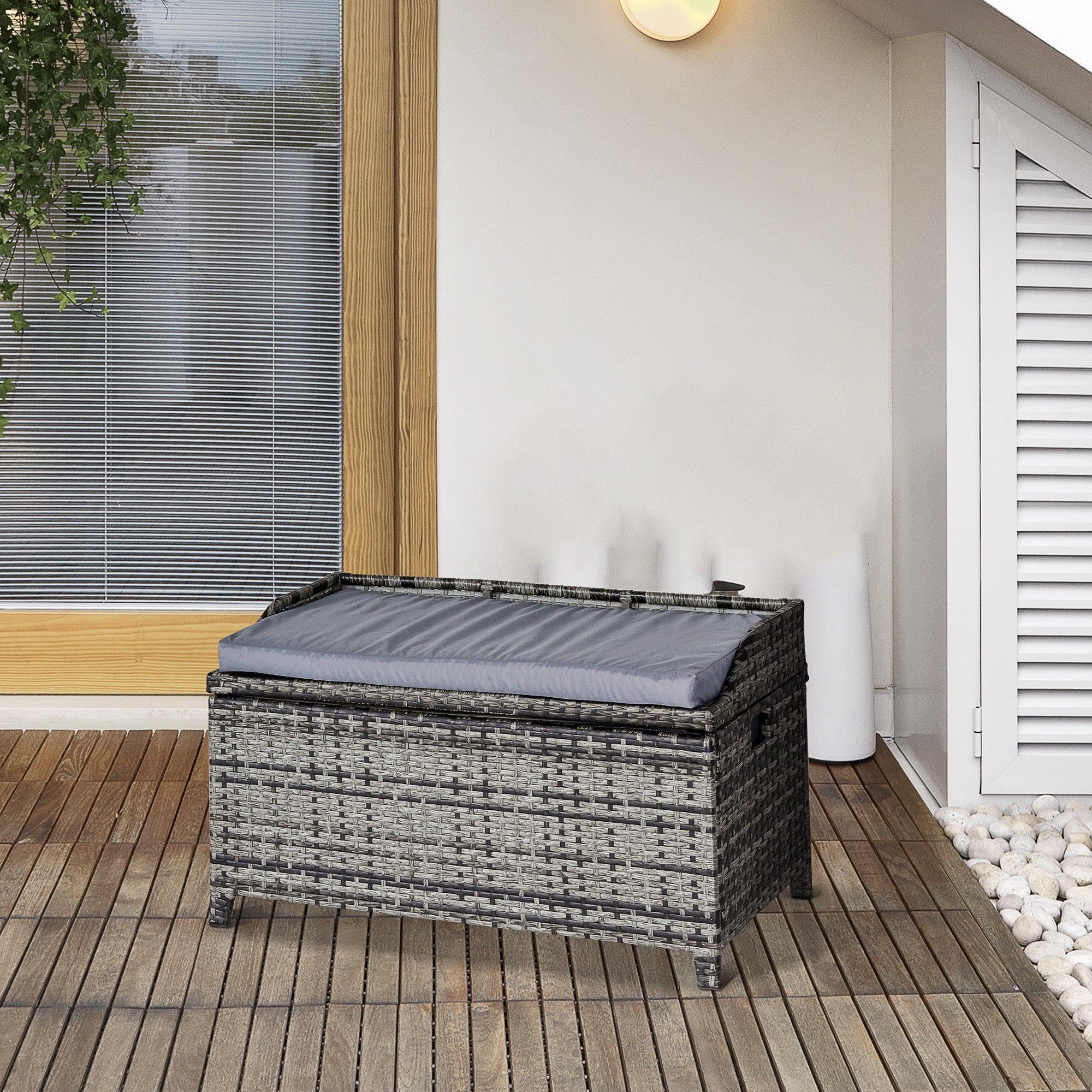 Rattan Garden Storage Box with Seat, 130L - Mixed Grey
