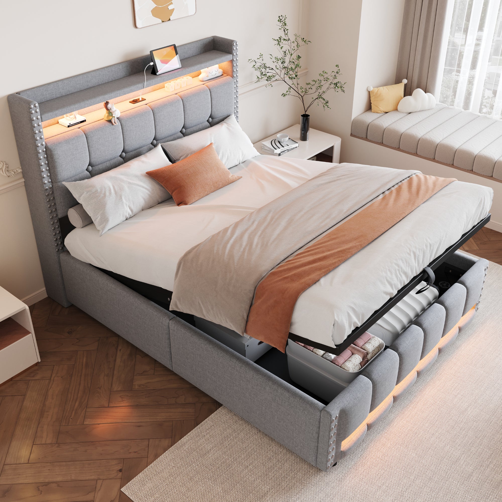 Upholstered Bed 140x200cm, LED & USB, Hydraulic Storage, Light Grey Linen