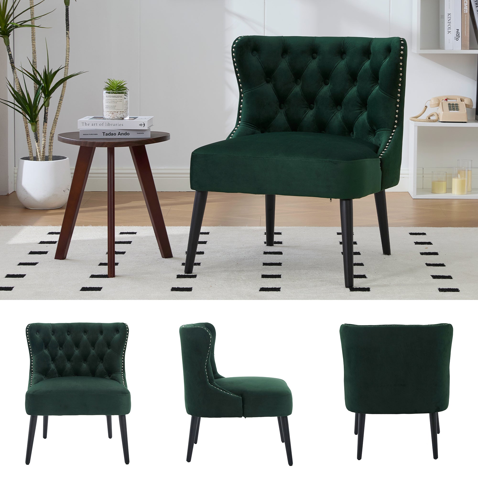 Velvet Single Sofa Chair, Modern Armless Button-Front Studded Trim Solid Wood Legs, Velvet