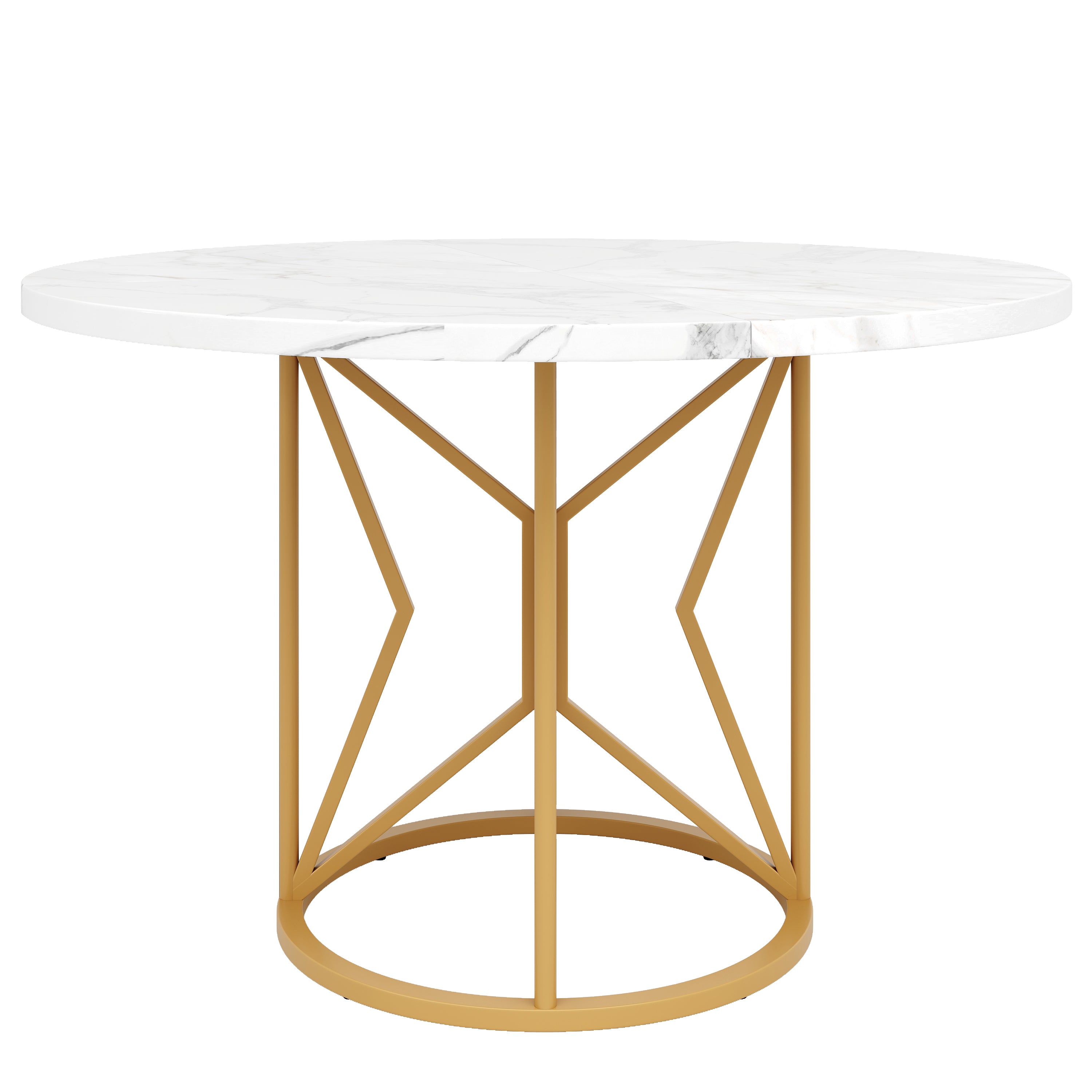 Round Dining Table 100cm Marbled MDF Geometric Metal Legs - Gold Accents