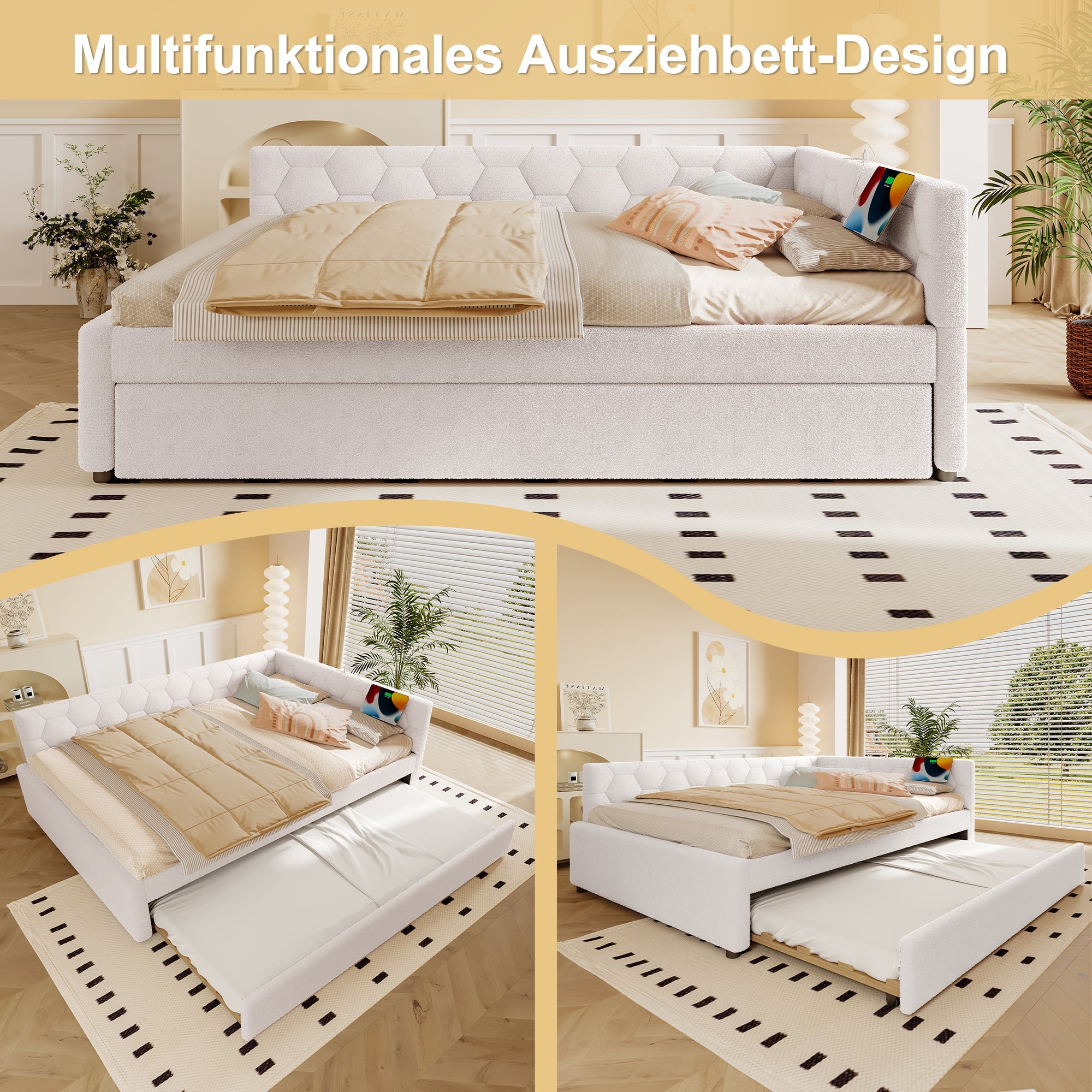 Daybed 140*200cm, Sofa Bed, Bed with Slatted Frame, Pull-out Bed, USB Port, Type-C, Fleece, White