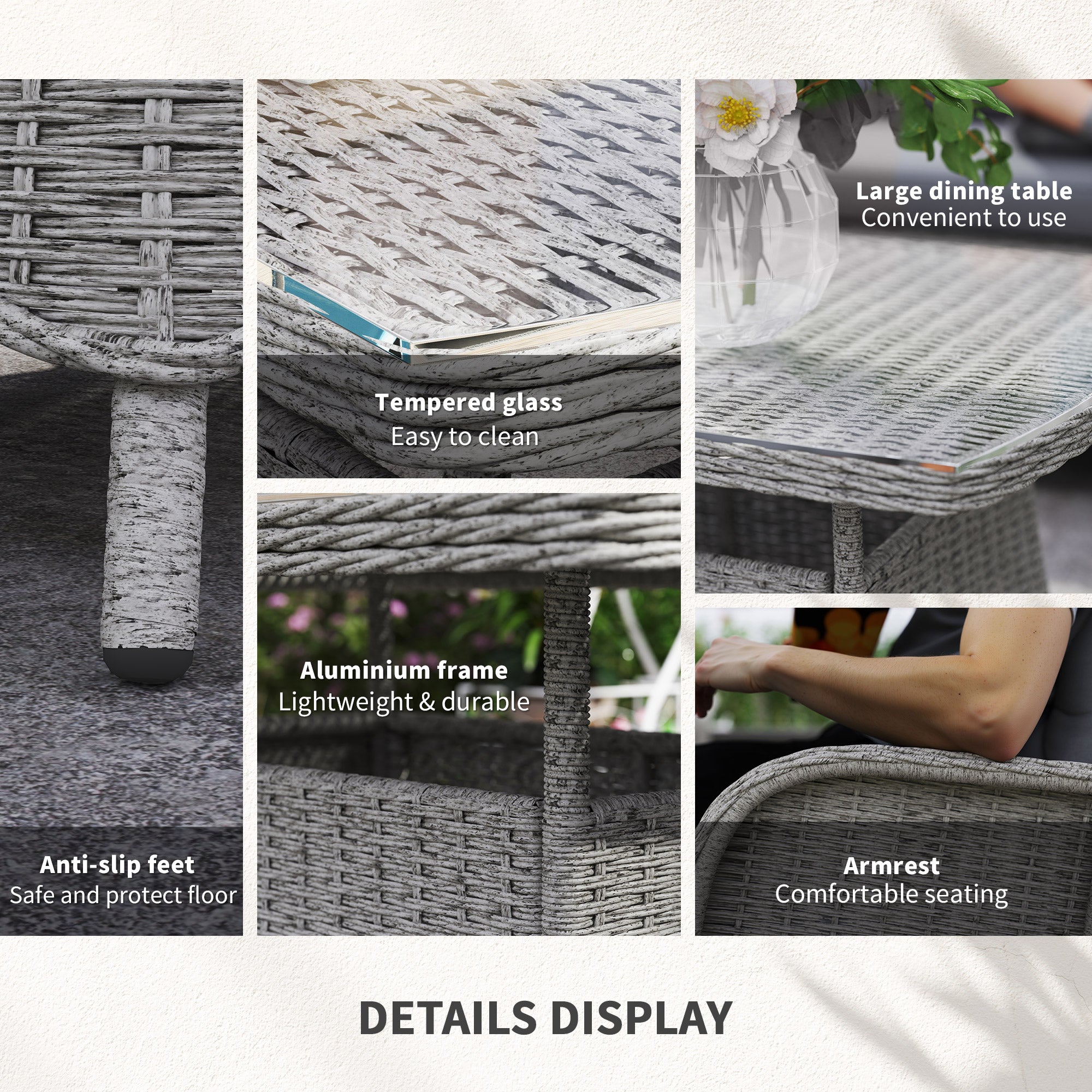 Garden PE Rattan Dining Sofa Set, 4 Seater High Back Wicker Chairs and Glass Table, Light Grey