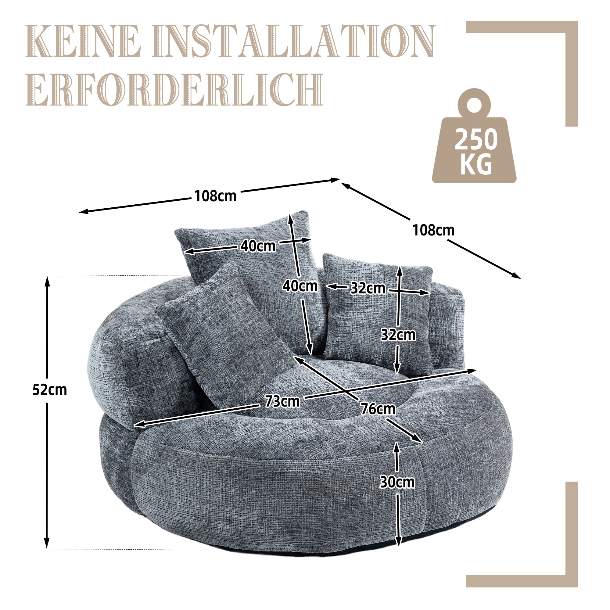 Lazy Sofa High Back Beanbag Chair Couch, Durable Comfort Indoor/Outdoor, Gray Chenille