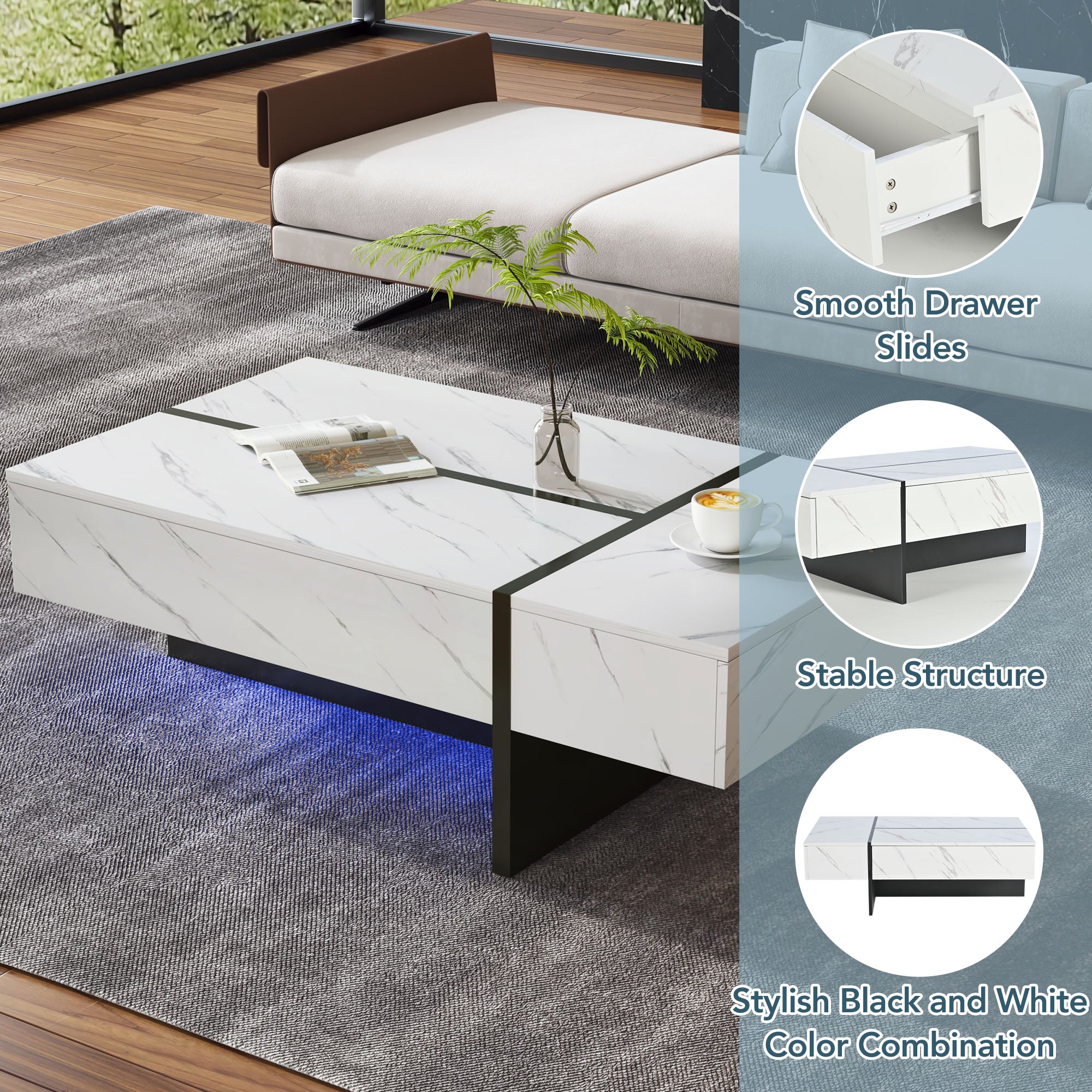 Coffee Table 105x60x35cm Irregular LED High-Gloss Marble - White