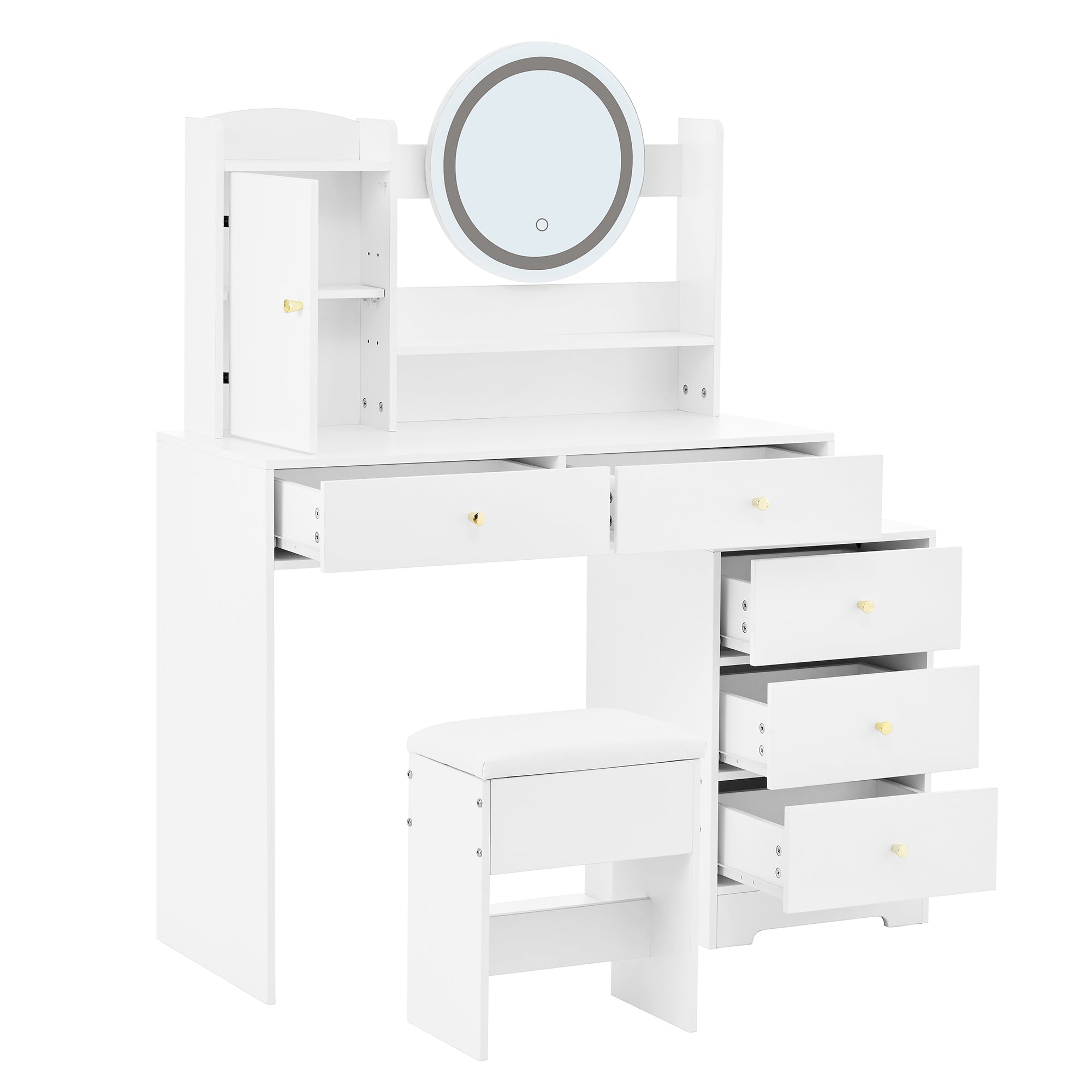 Dressing Table with Dimmable LED Lighting, Integrated Outlets, Mirror, Stool, 5 Drawers, Door Compartment, White