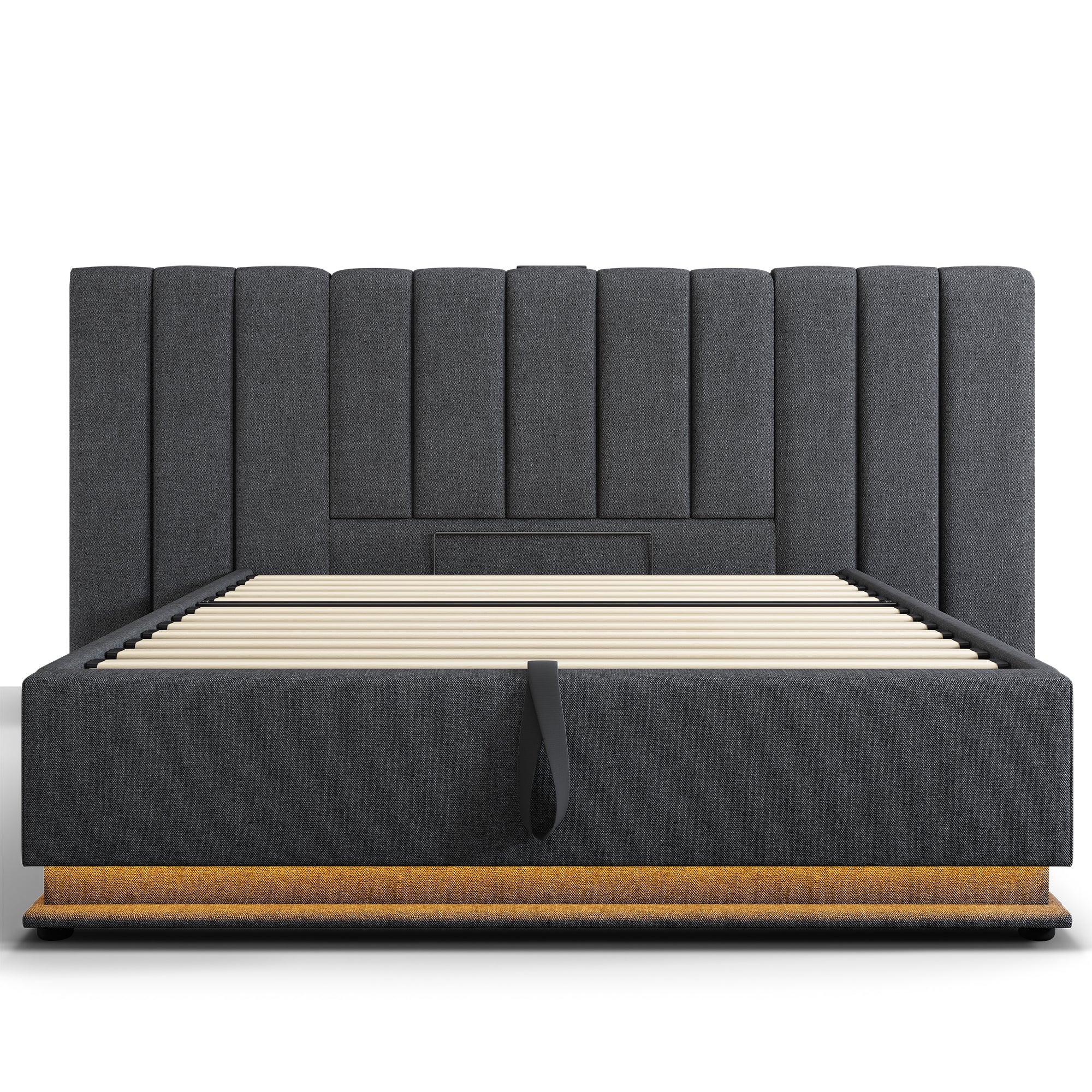 Upholstered Bed 160×200, Double Storage with App Control LED & USB-C, Linen Grey