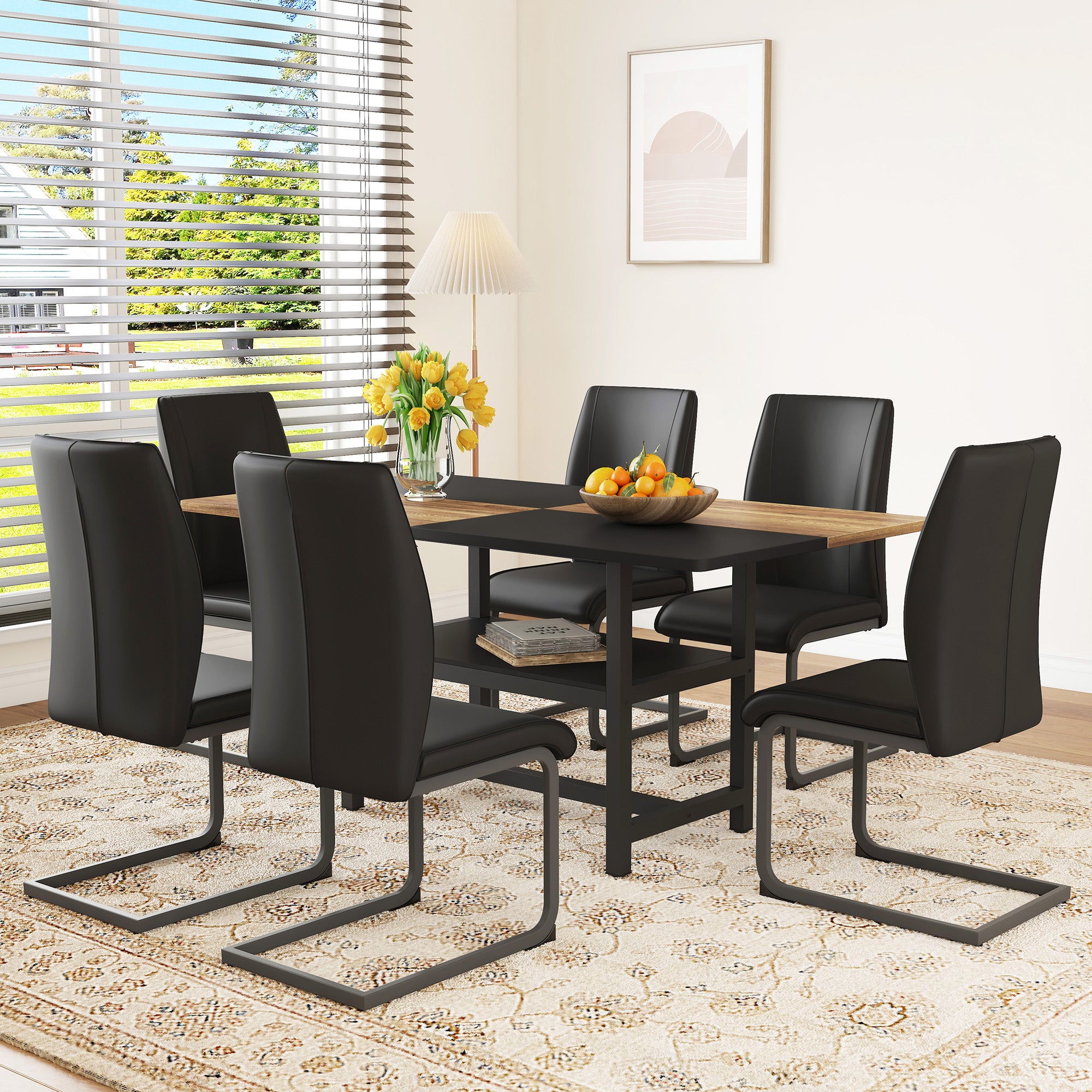 Table Set, Rectangular Dining Table, Multifunctional Shelf, 6 Armchairs, 160x90x76 cm, Black Faux Leather