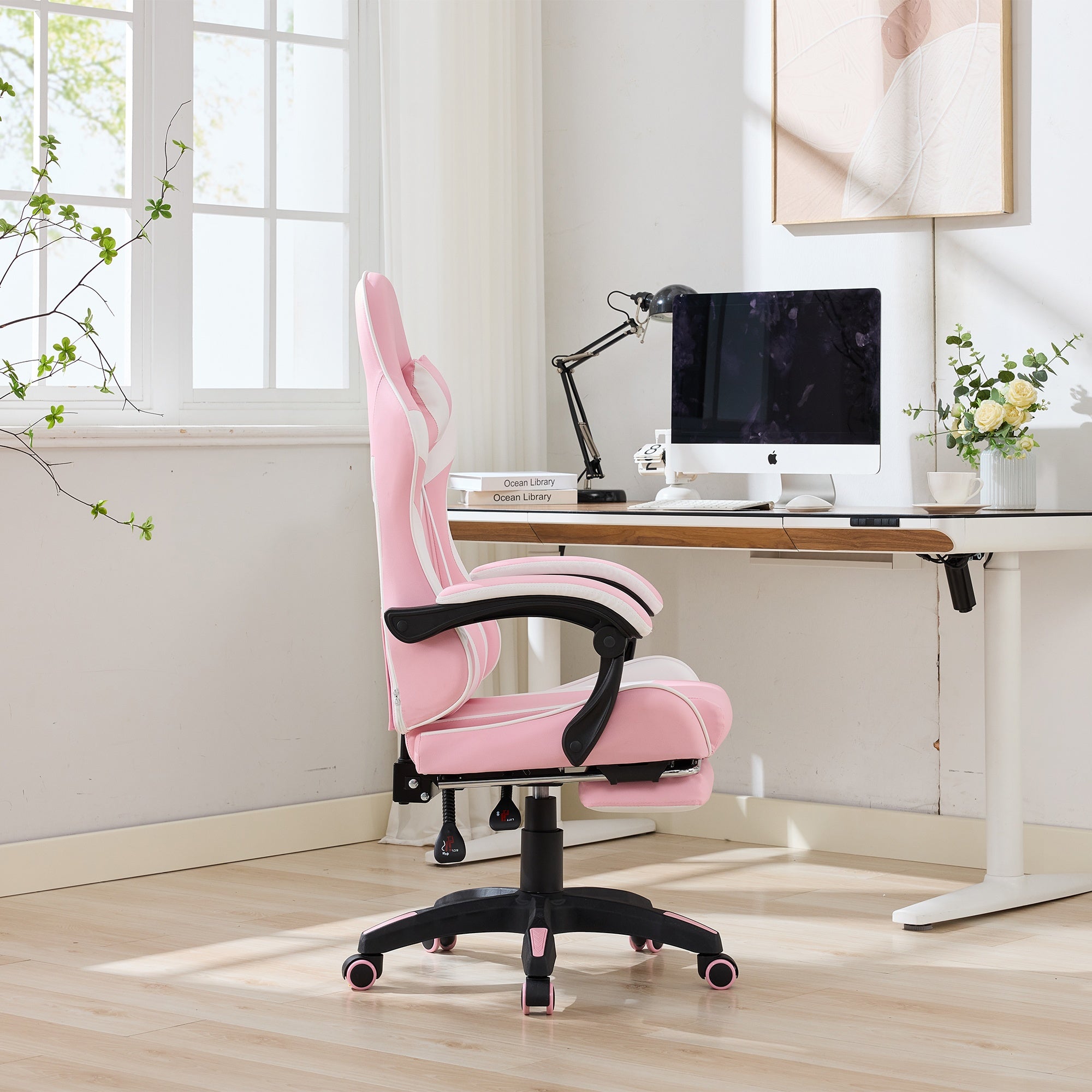 Gaming Chair 360° Swivel Ergonomic Racing High-Back Adjustable with Footrest and Lumbar Support – White & Pink Leather