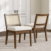 Solid Wood Dining Chairs with Rattan Backrests, Set of 2, Walnut and Linen