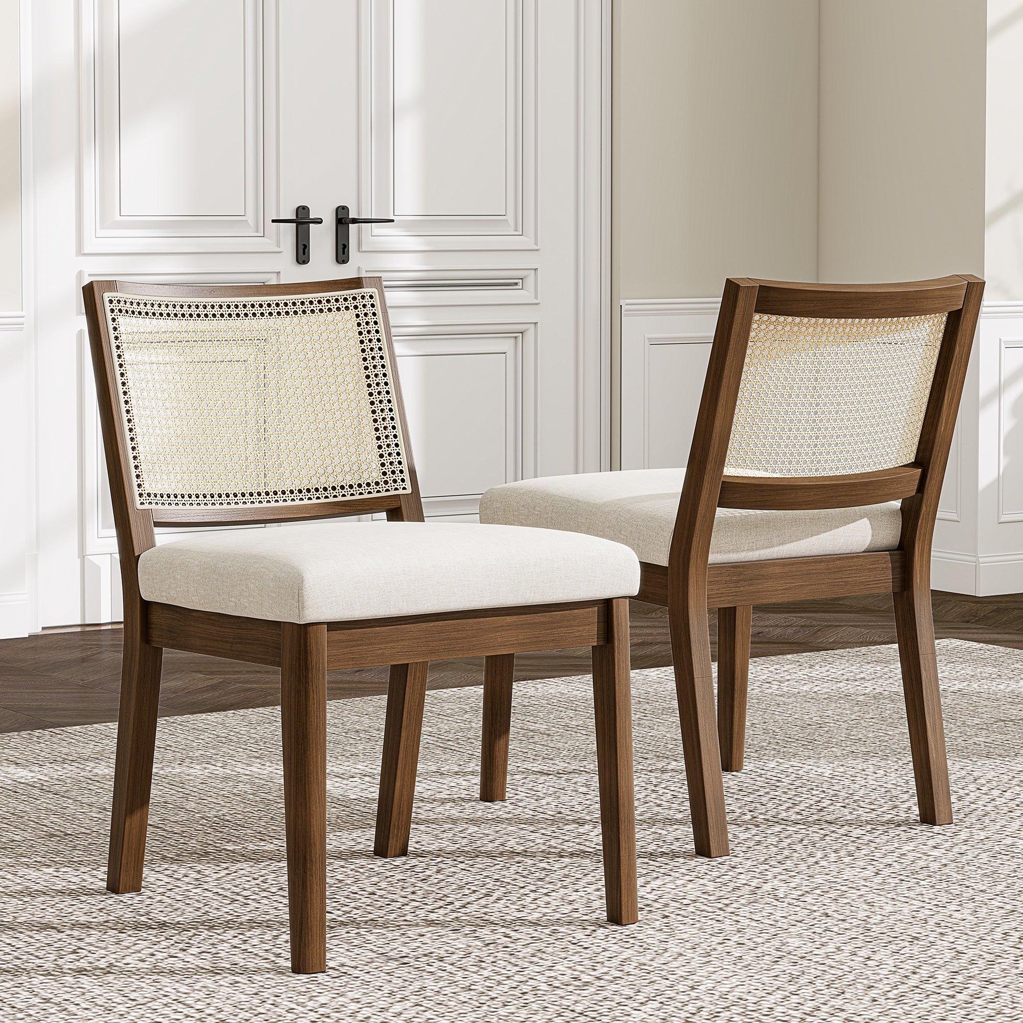 Solid Wood Dining Chairs with Rattan Backrests, Set of 2, Walnut and Linen