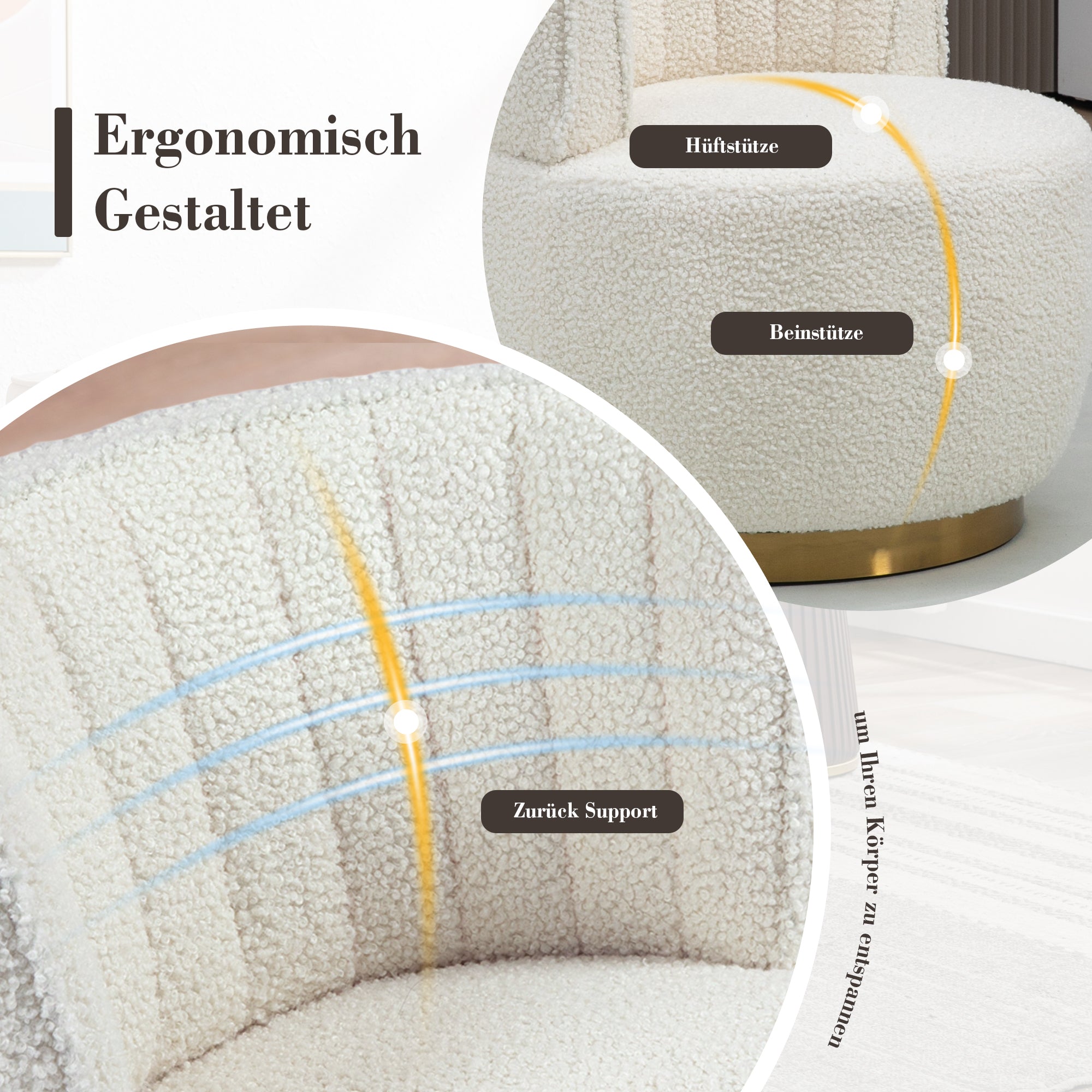 Modern Swivel Chair 360-Degree Comfortable Backrest Teddy Velvet White