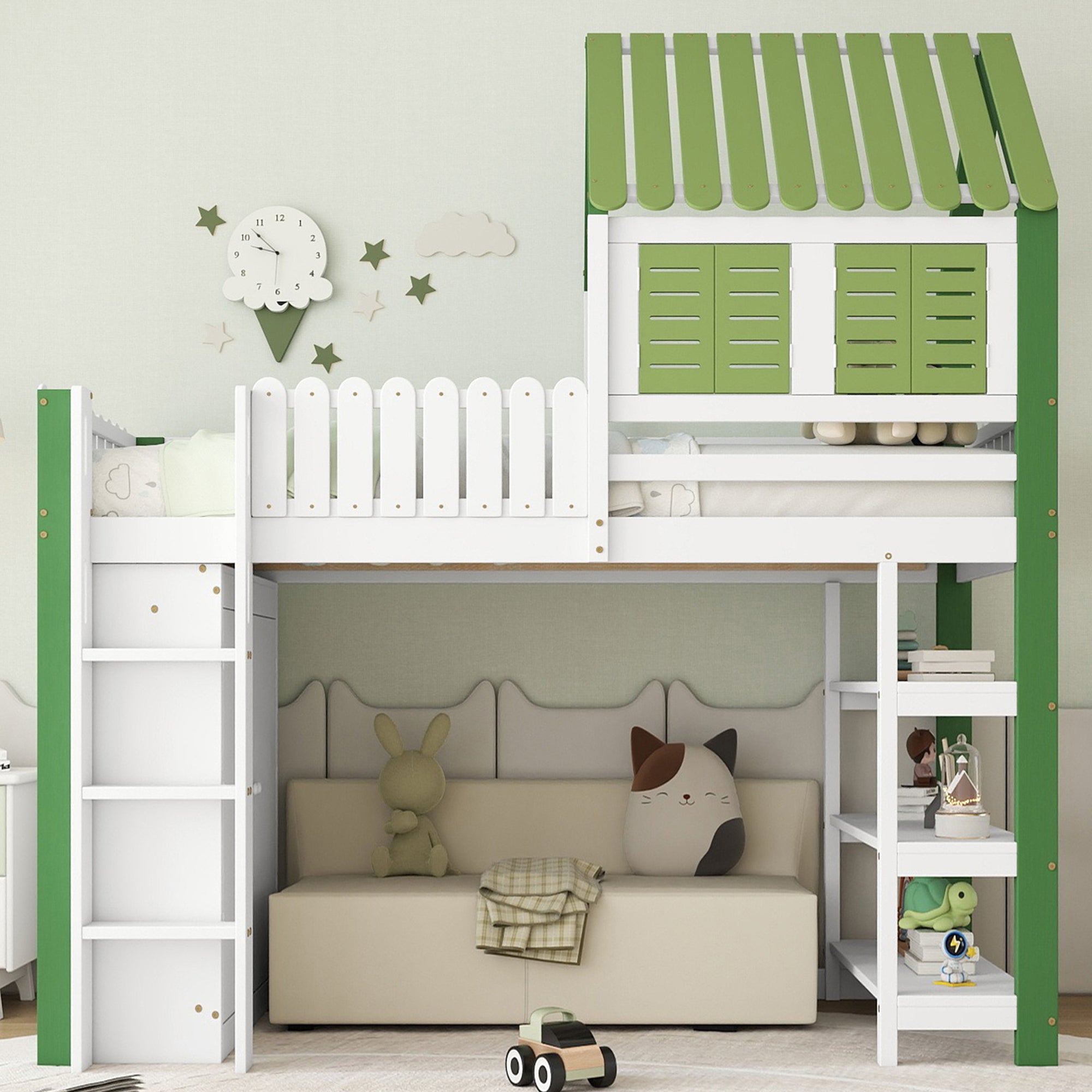 Loft Bed, Children's with Wardrobe & Ladder, Pine+MDF+Plywood, White+Green