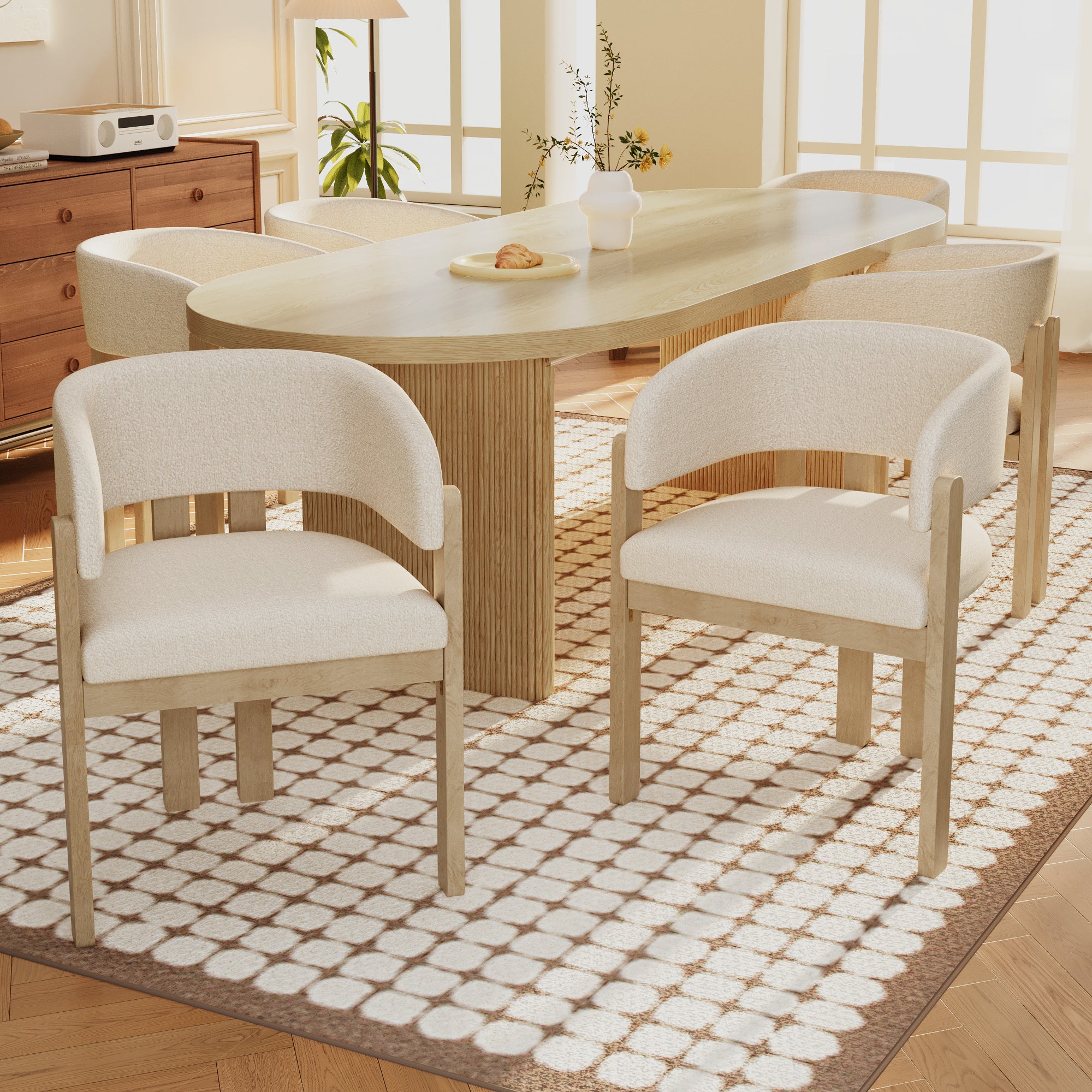 Solid Wood Dining Chairs Set of 6, Comfortable and Breathable Bouclé, Natural Color