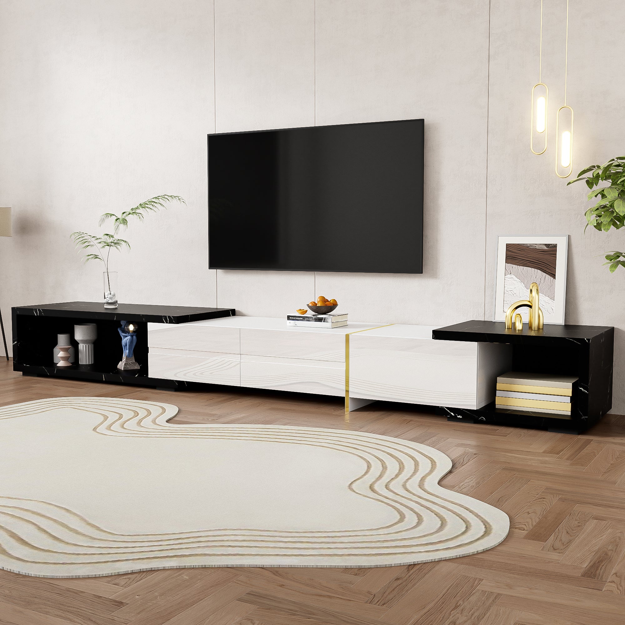 TV Cabinet, Adjustable Length (140-260 cm) Swivel, Black Marble, White High-Gloss Matte, Gold Trim