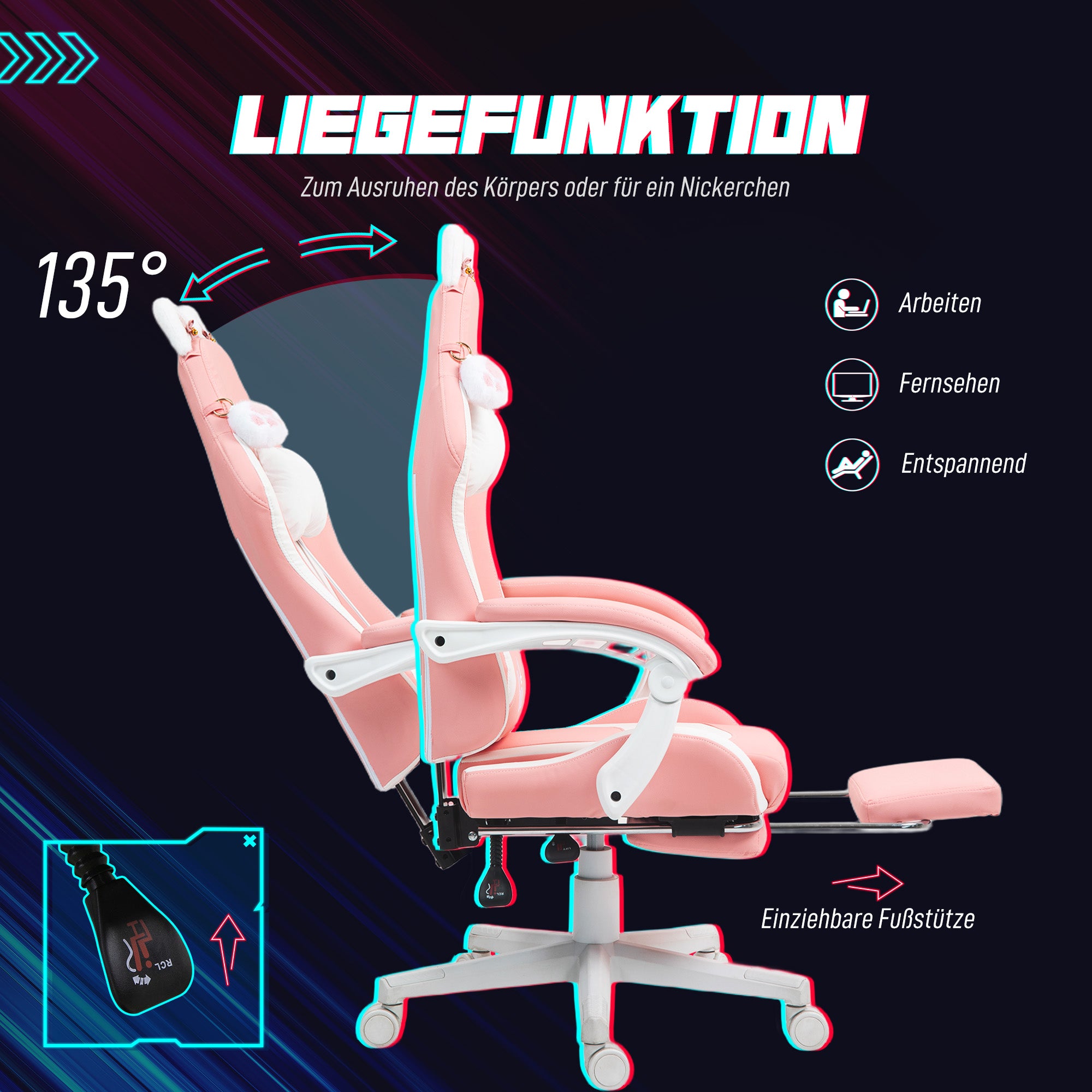Gaming Chair with Lumbar Support, Footrest, Cat Ears, Pink