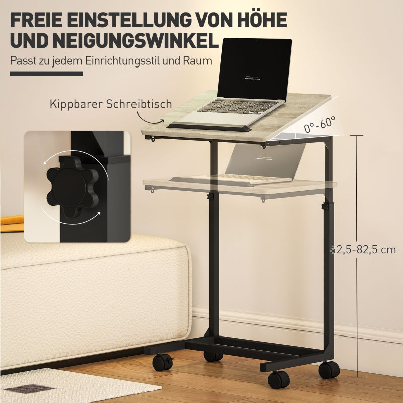 C-shaped side table, height-adjustable coffee laptop table with wheels, white