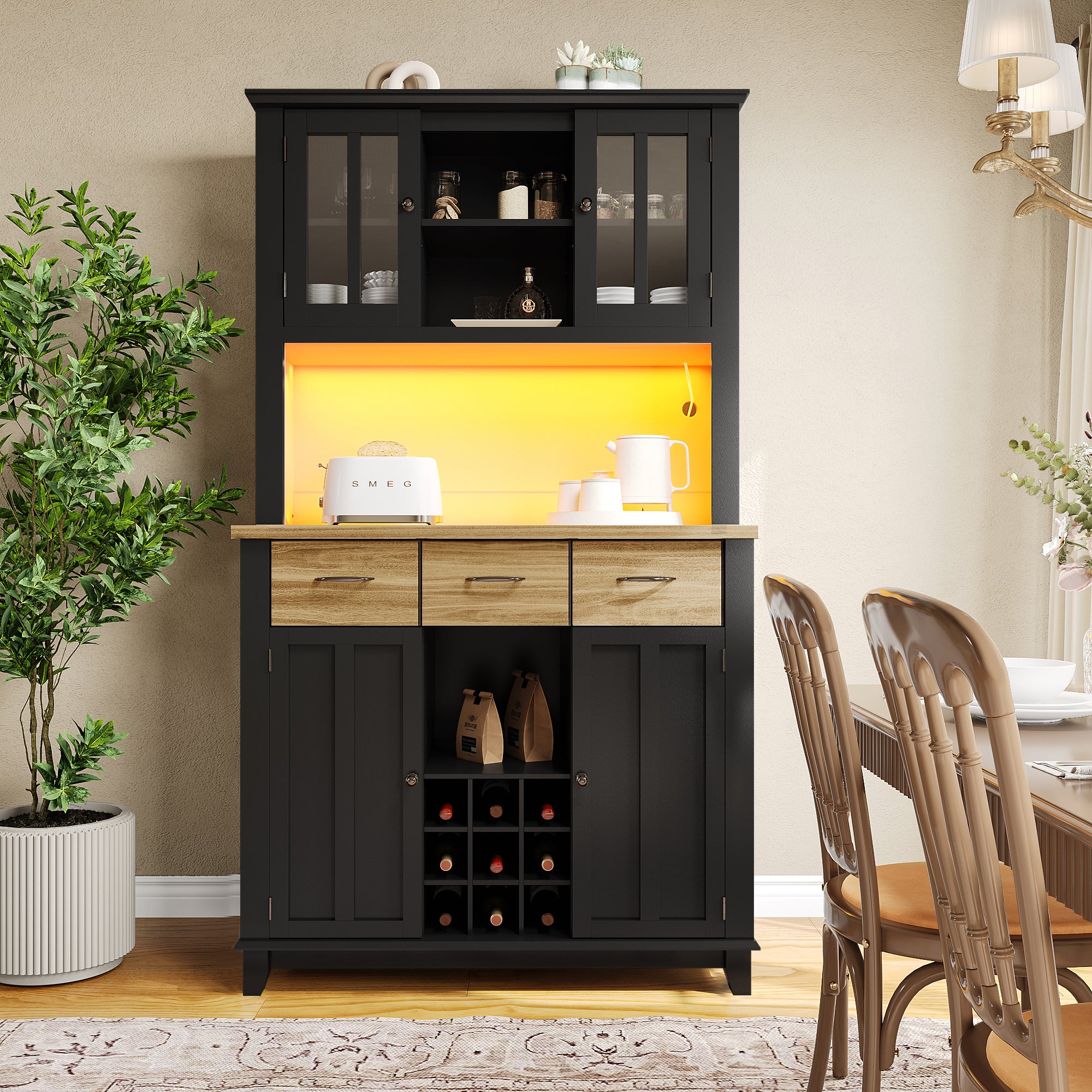 Kitchen Tall Cabinet 106cm Adjustable Shelves LED - Wood Drawers