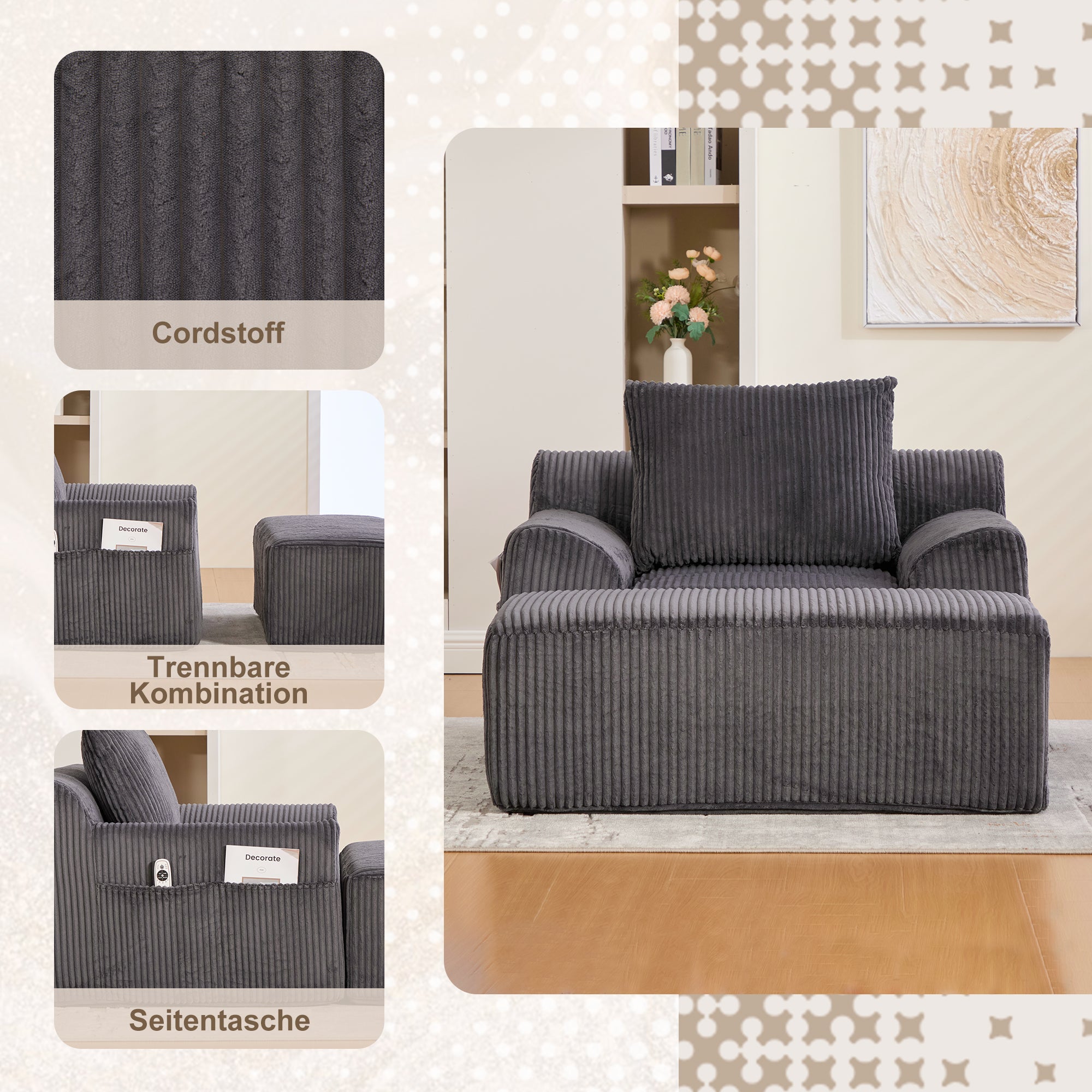 Oversized Sofa Chair Deep Seat Corduroy Upholstered Armchair