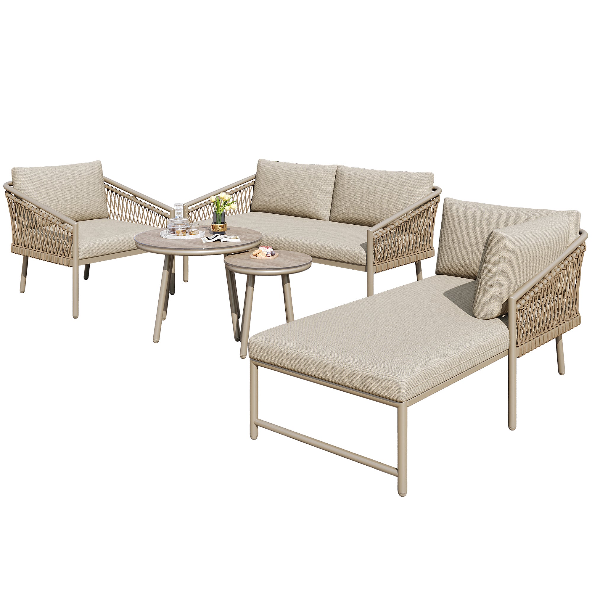 Garden Lounge Set Rope Outdoor Sofa with Cushions - Khaki