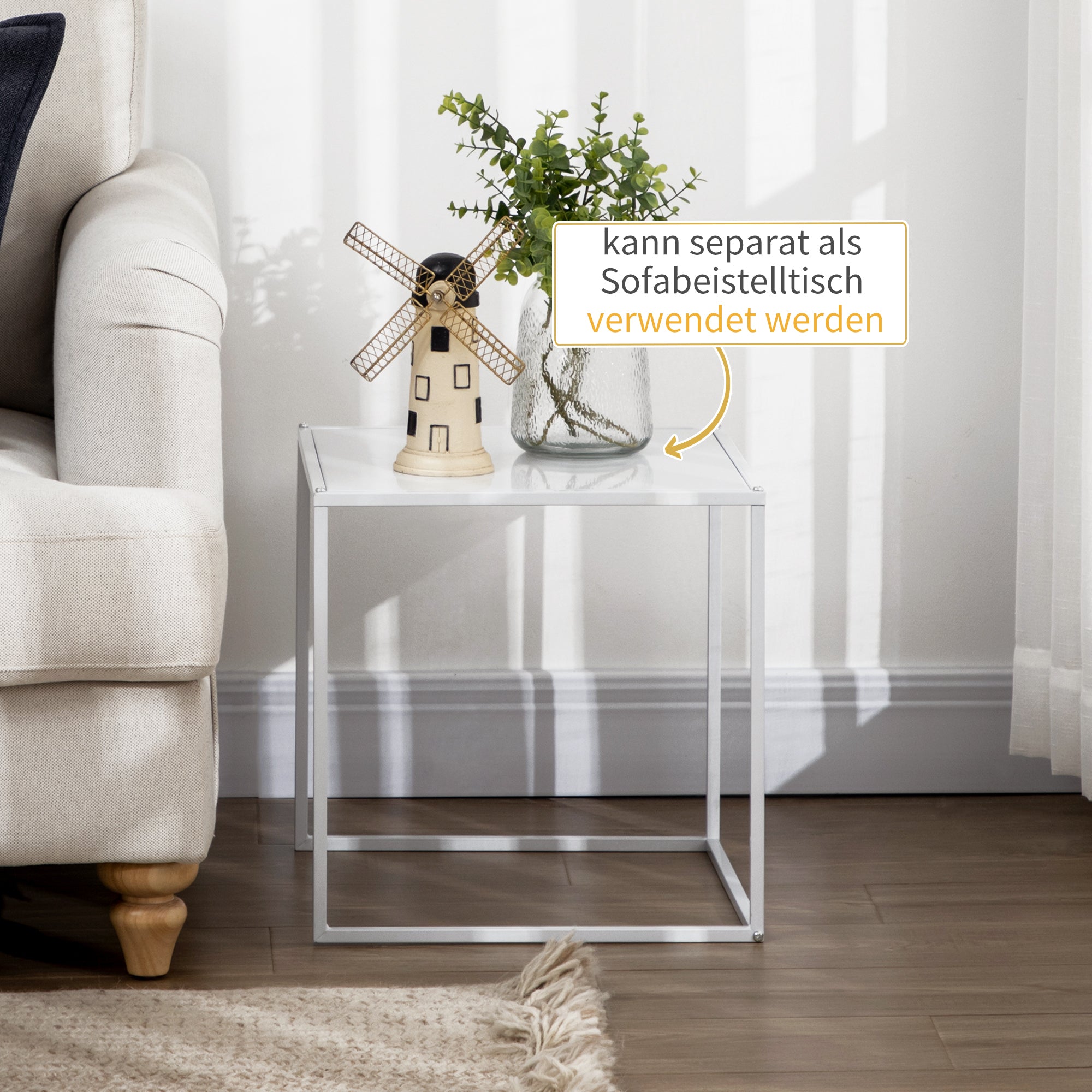 Coffee Tables, Set of 2 Square Side Table with Steel Frame, White