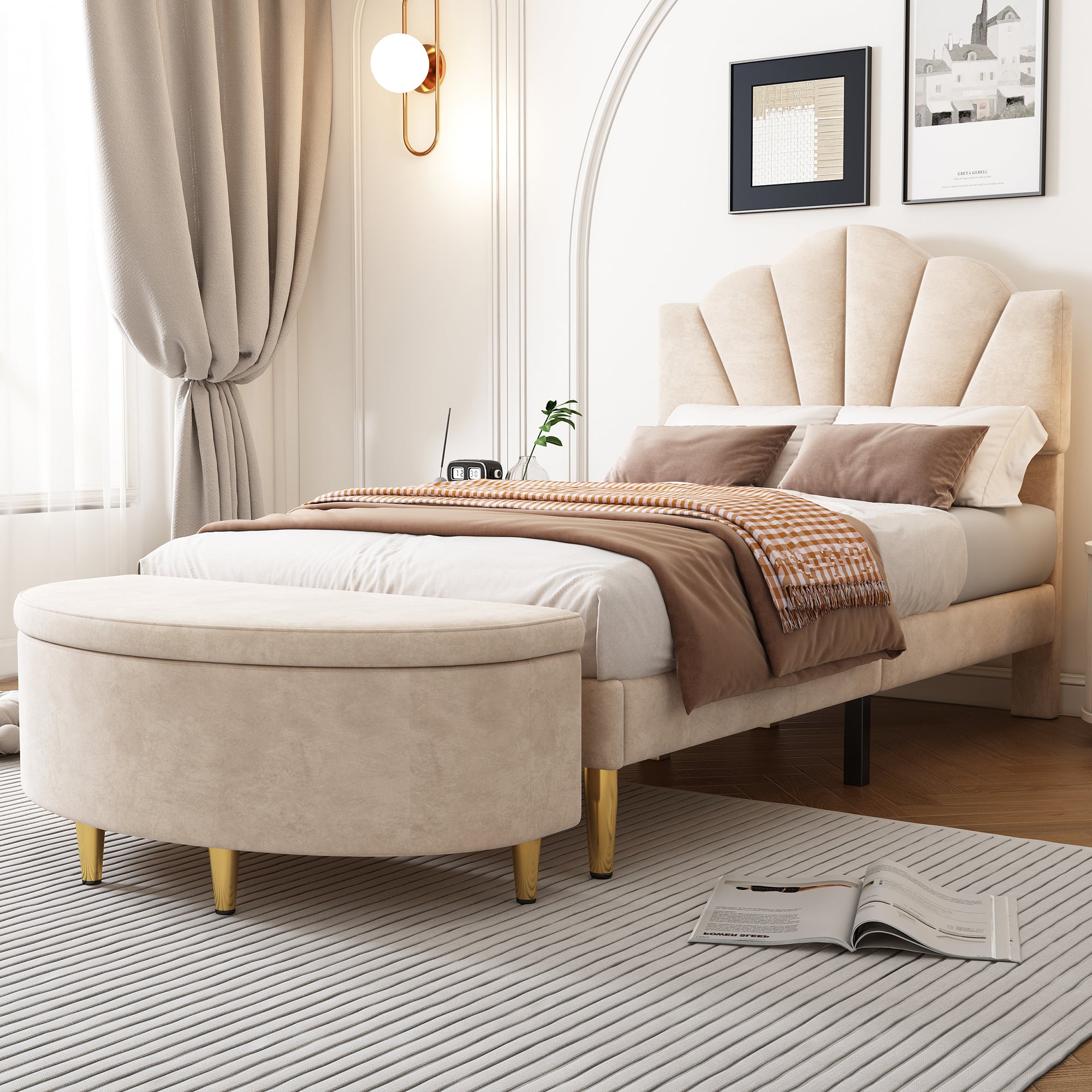 Velvet Upholstered Single Bed, 3ft Shell-Like with Golden Iron Legs and Wooden Slatted Frame, Beige