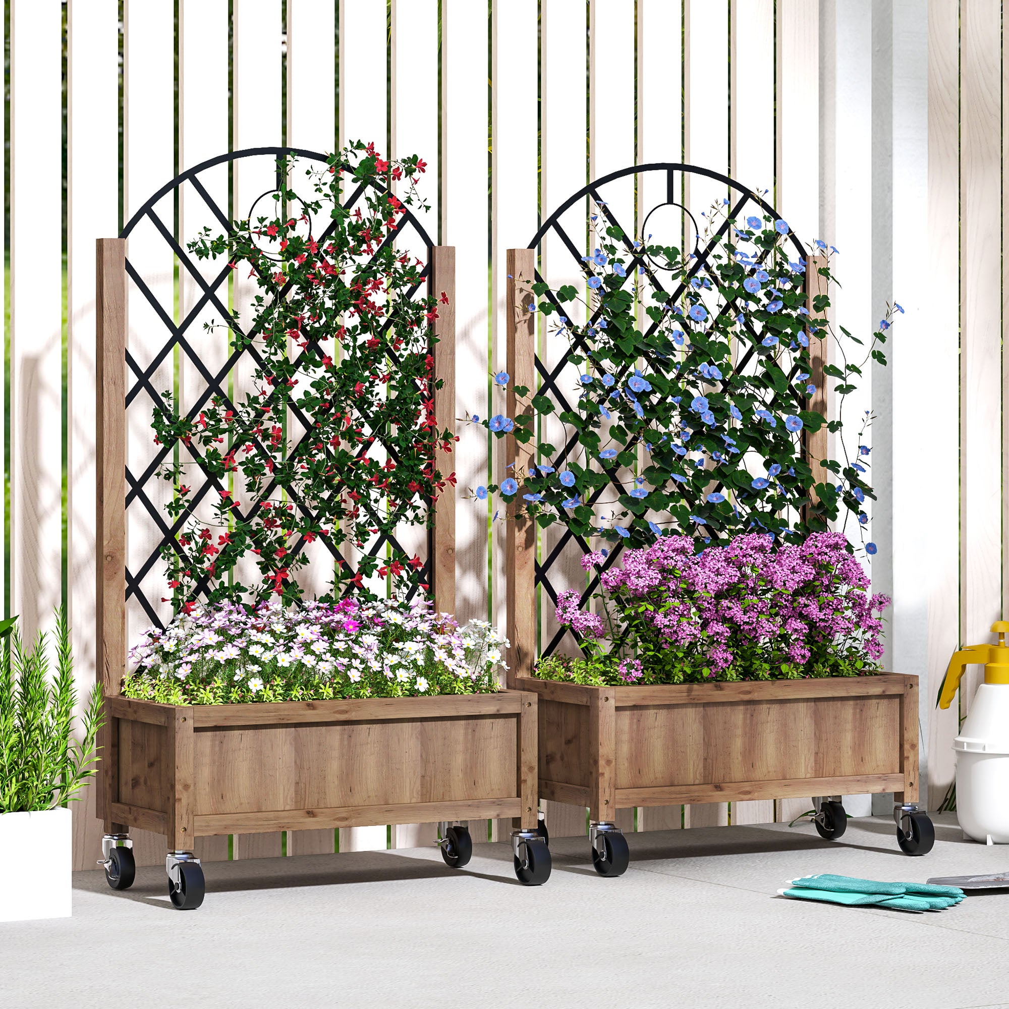 Raised Garden Bed with Trellis, Pack of 2 Elevated Planter Box with Wheels, Wooden Brown