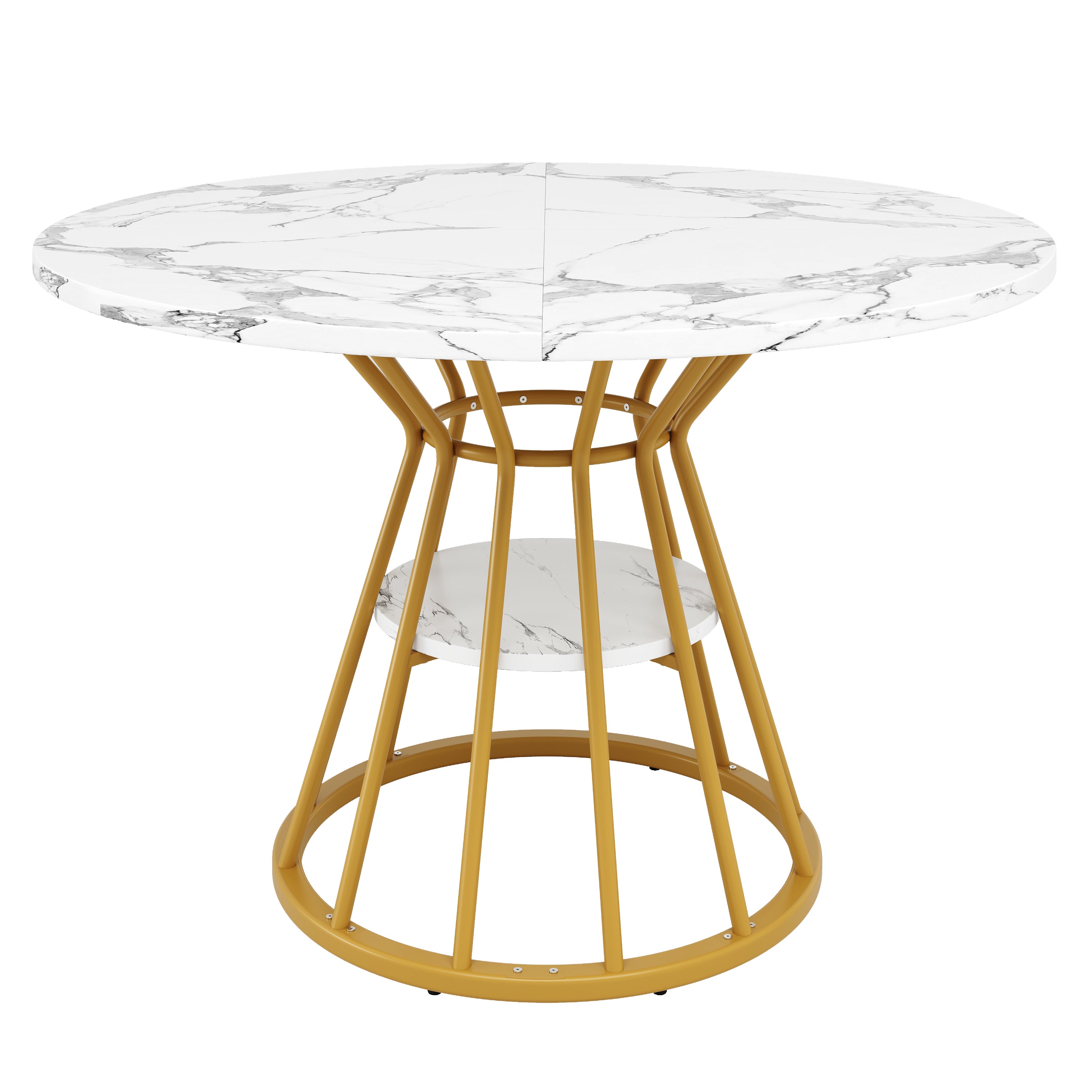 Round Dining Table, Metal Legs Marble Pattern, Gold/Black