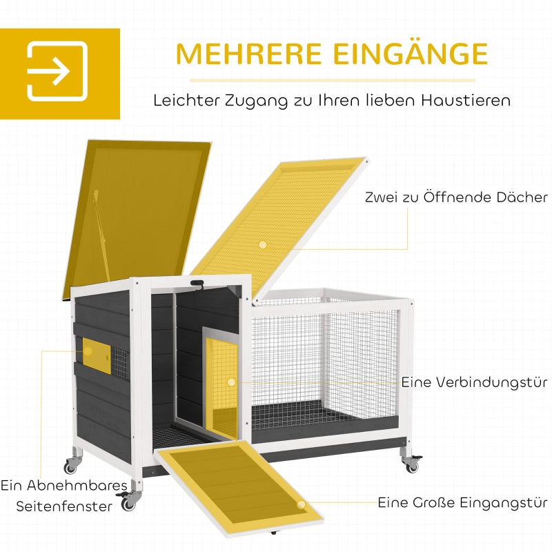 Rabbit Hutch, Free-Range Enclosure with Wheels, Folding Roof, Wooden Dark Grey