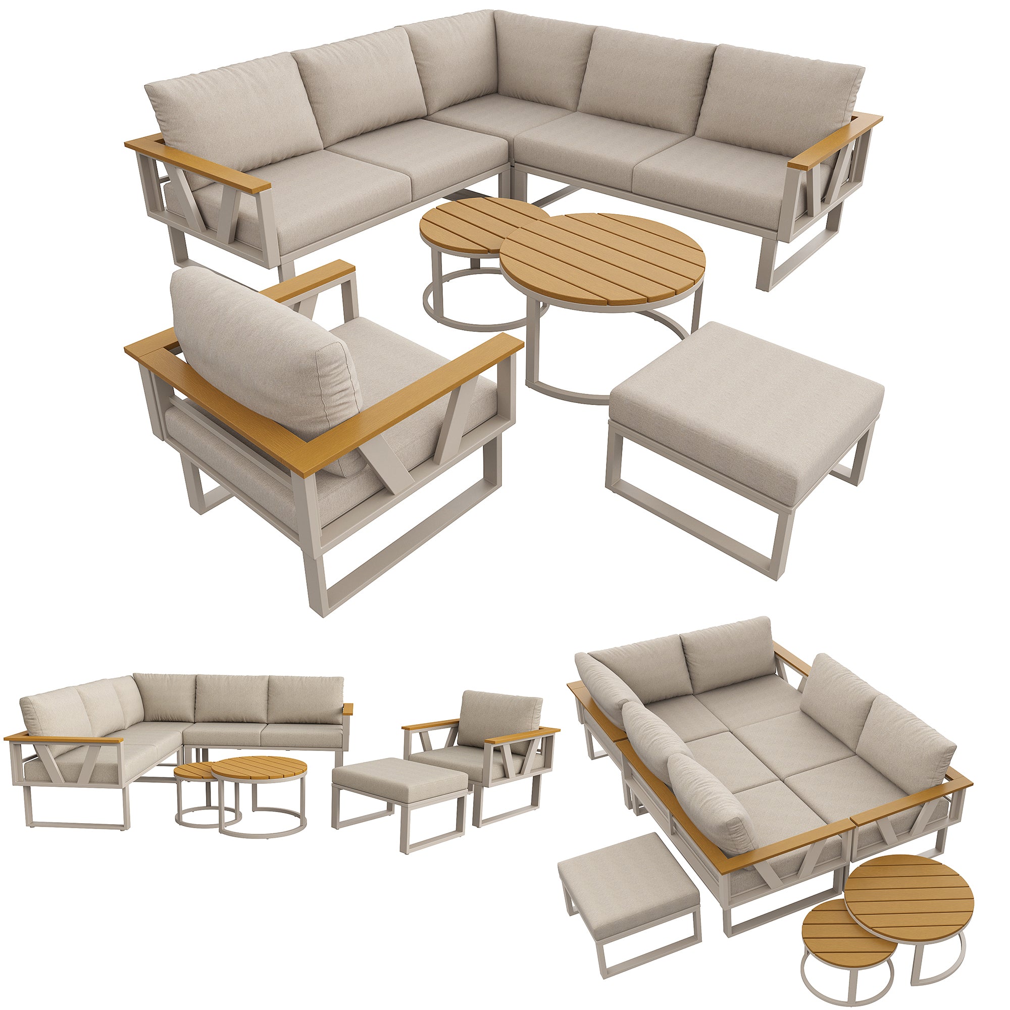 Modular Outdoor Seating Set with 9cm Cushions and 2 Wooden Tables, Grey and Beige