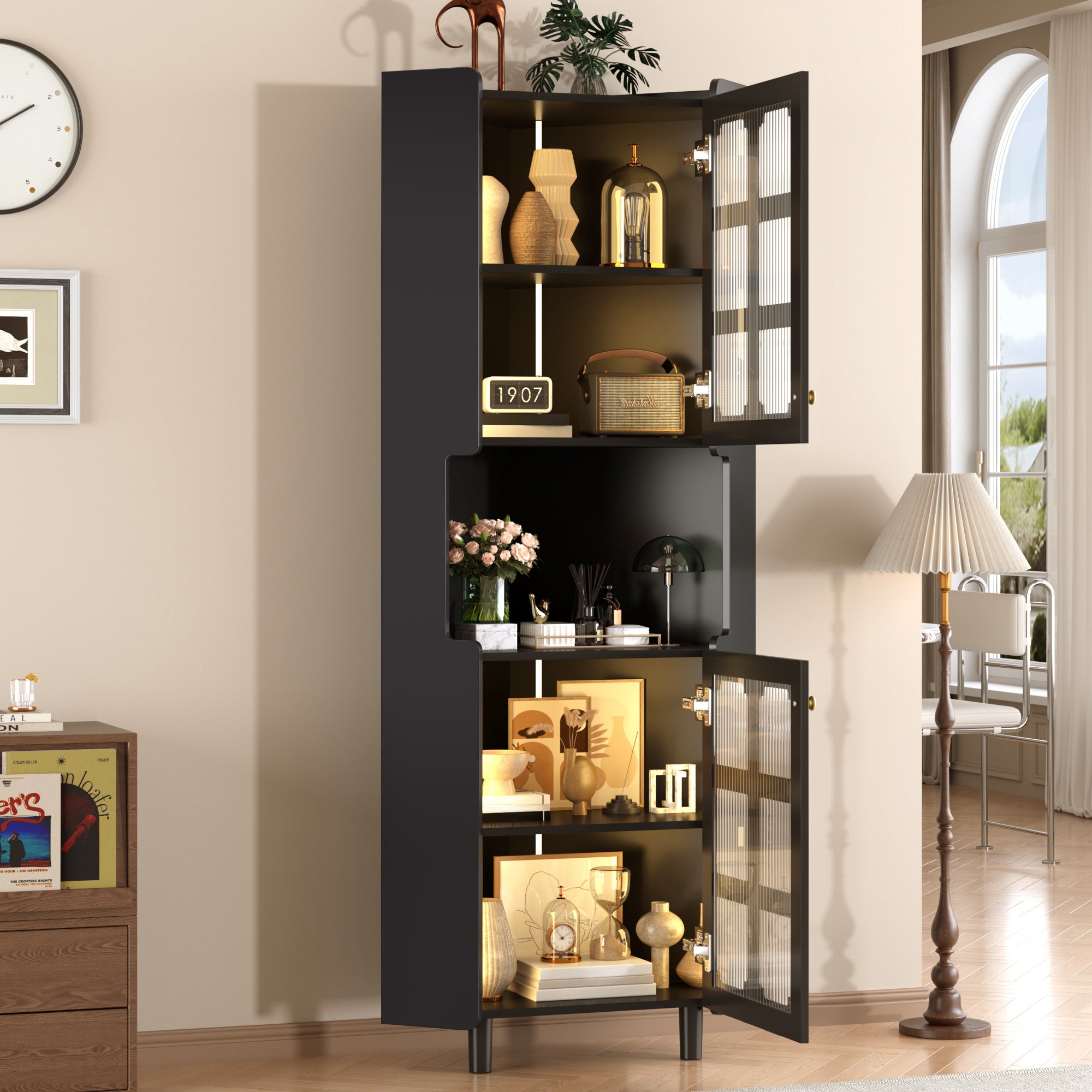 Corner Cabinet Multifunctional LED Storage - Black Lacquer Finish