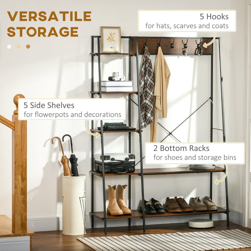Clothes Rail Metal Rack with Shoe Rack, 5 Tier Shelves, 5 Hooks, Rustic Brown and Black Metal