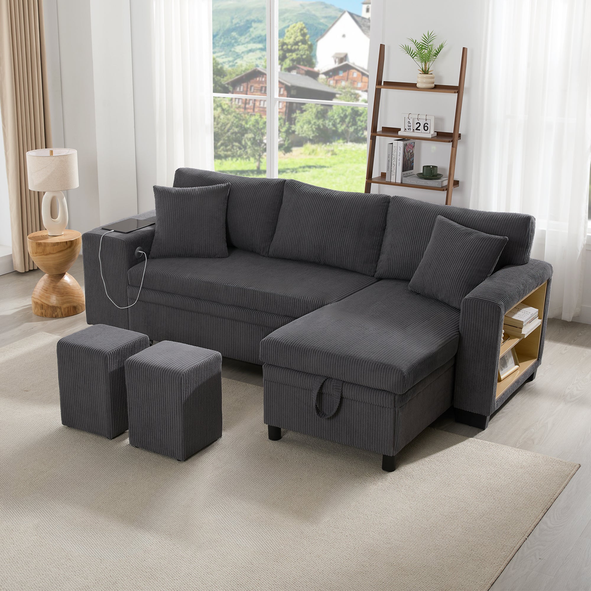 Sofa Bed L-Shaped Convertible 3-Seater with USB Charging, Side Shelves & Storage Space