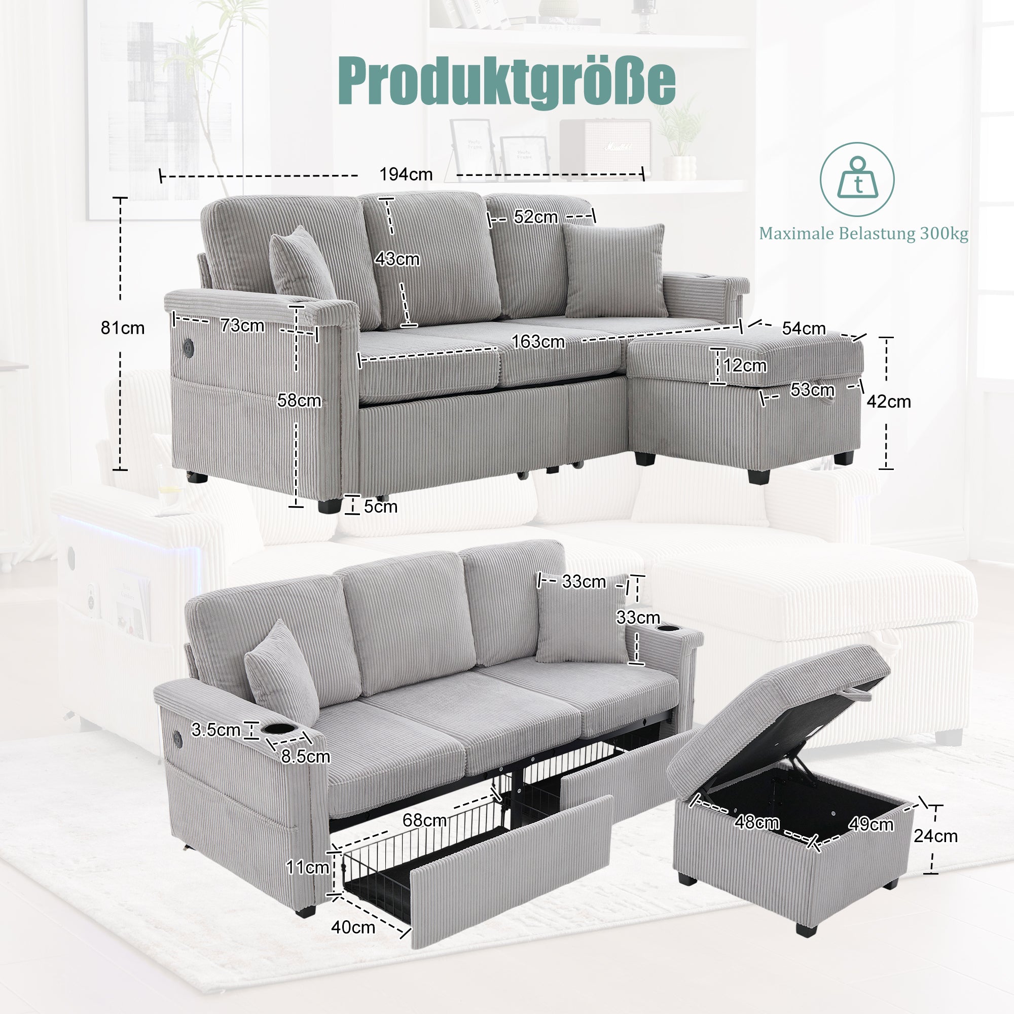 Velvet Sofa, LED, USB-C, Storage Ottoman, Cup Holders, Side Pockets - Light Gray