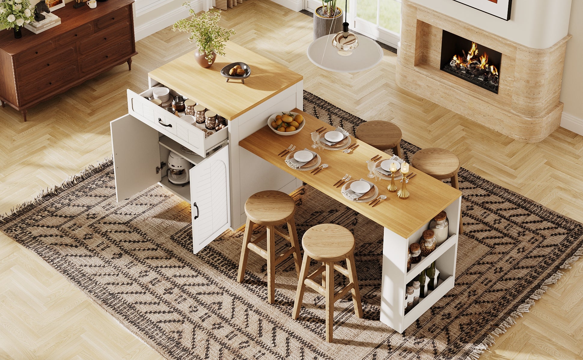 Kitchen Island with Pull-out Table and Storage, 2 Drawers and 4 Doors, Black/White