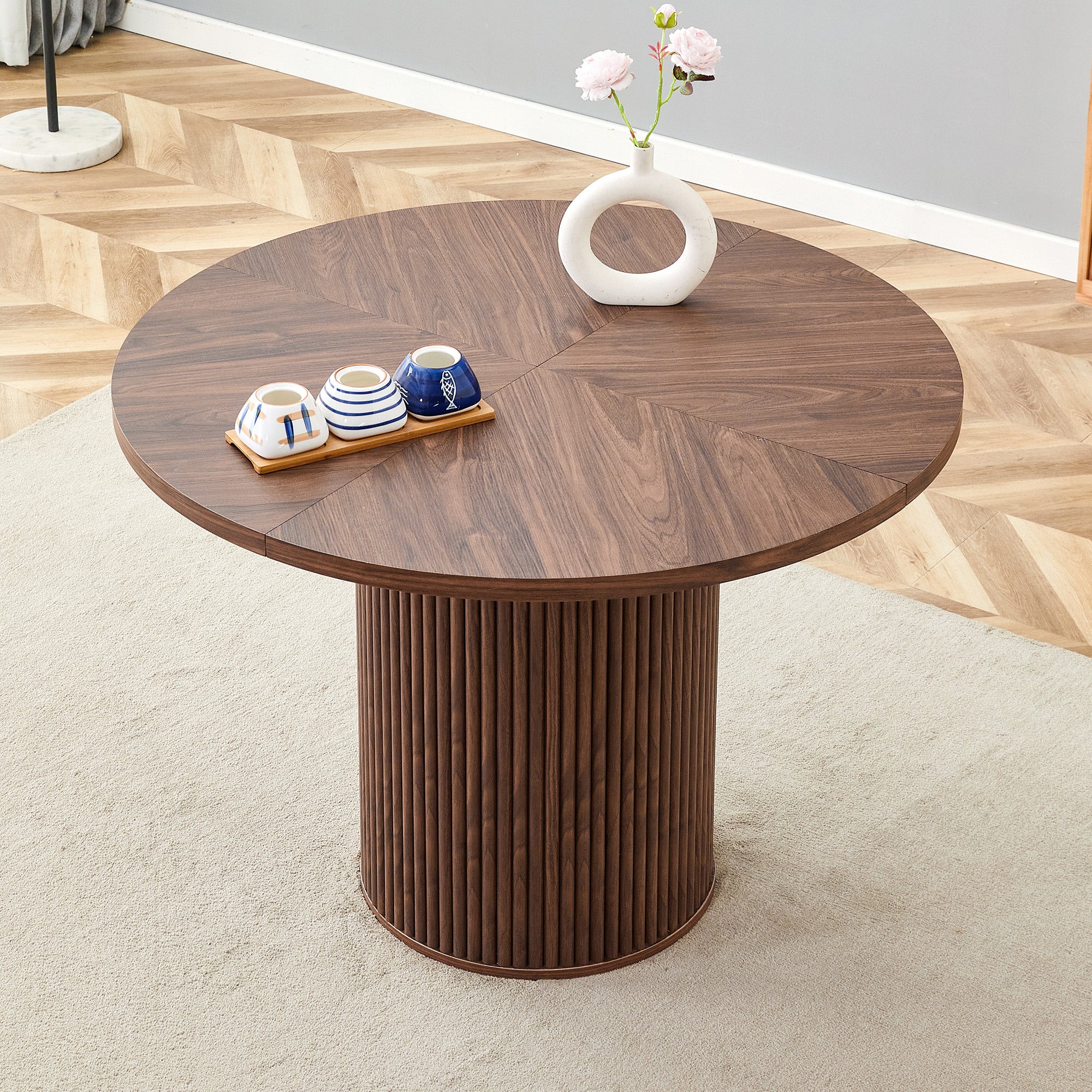 Round Dining Table 100cm 4-6 Seater Storage Cylindrical Leg - Walnut Look MDF