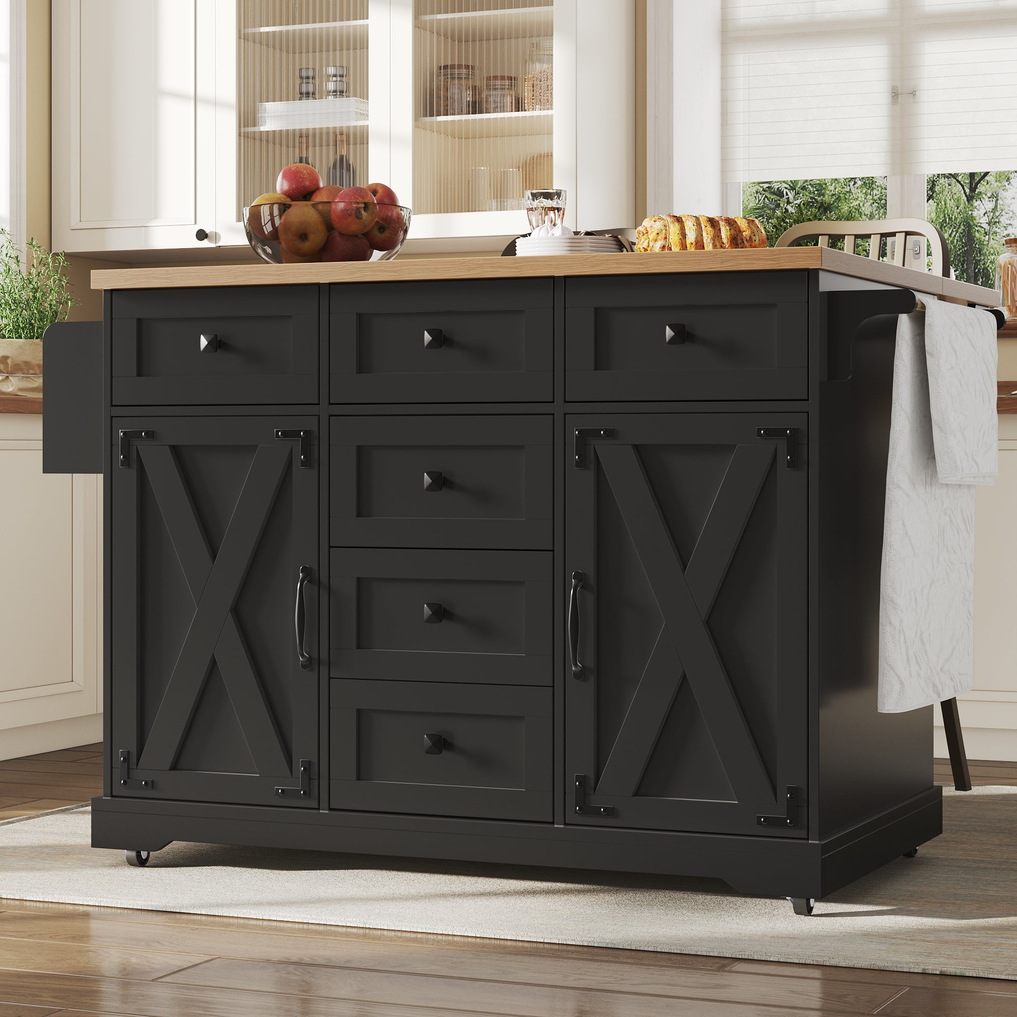 Kitchen Island with Multifunctional Serving Trolley and Large Storage Space, Black Wood Grain