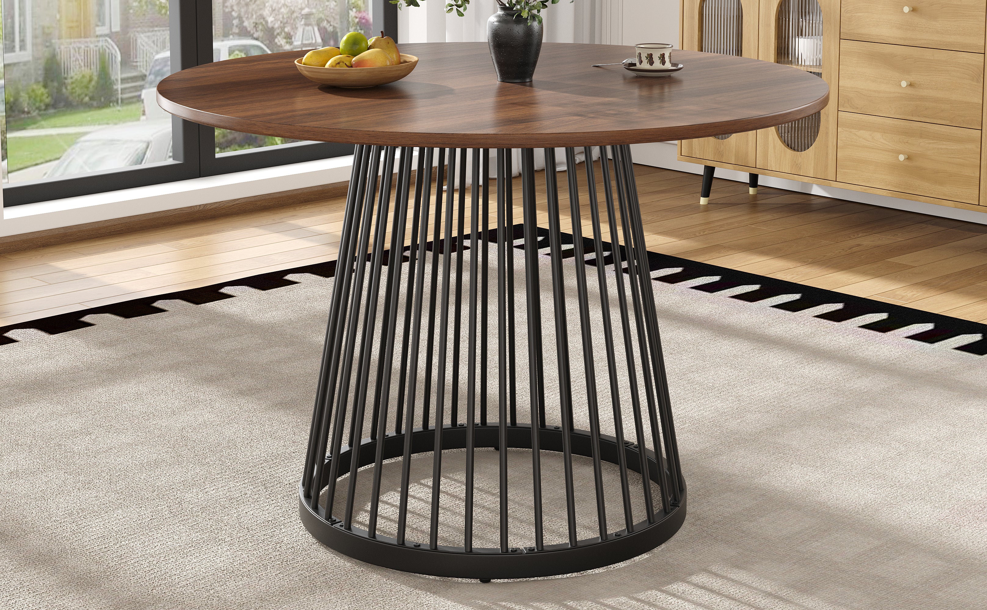 Round Dining Table 80x80cm 4-Person Walnut MDF/Black Metal Legs