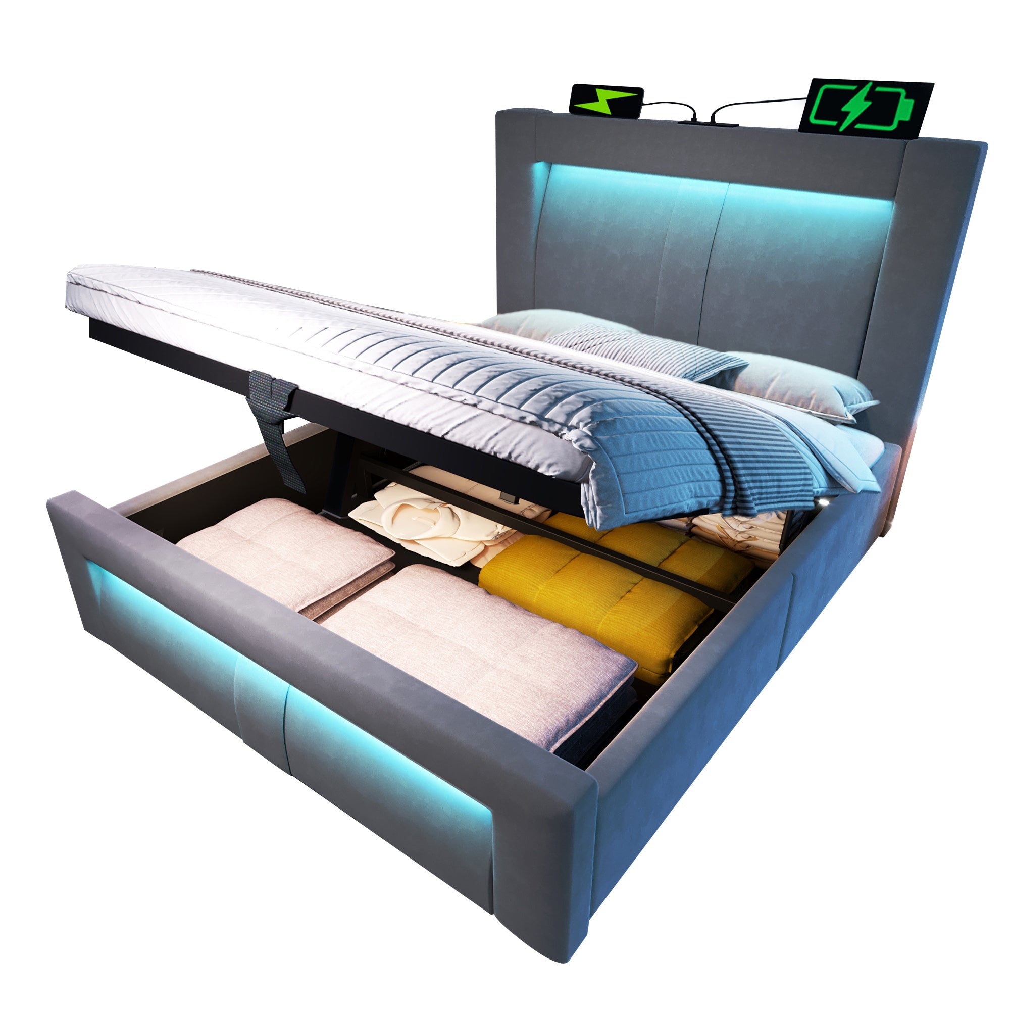Single Bed 90x200cm Hydraulic Storage LED App USB/Type-C Velvet Grey