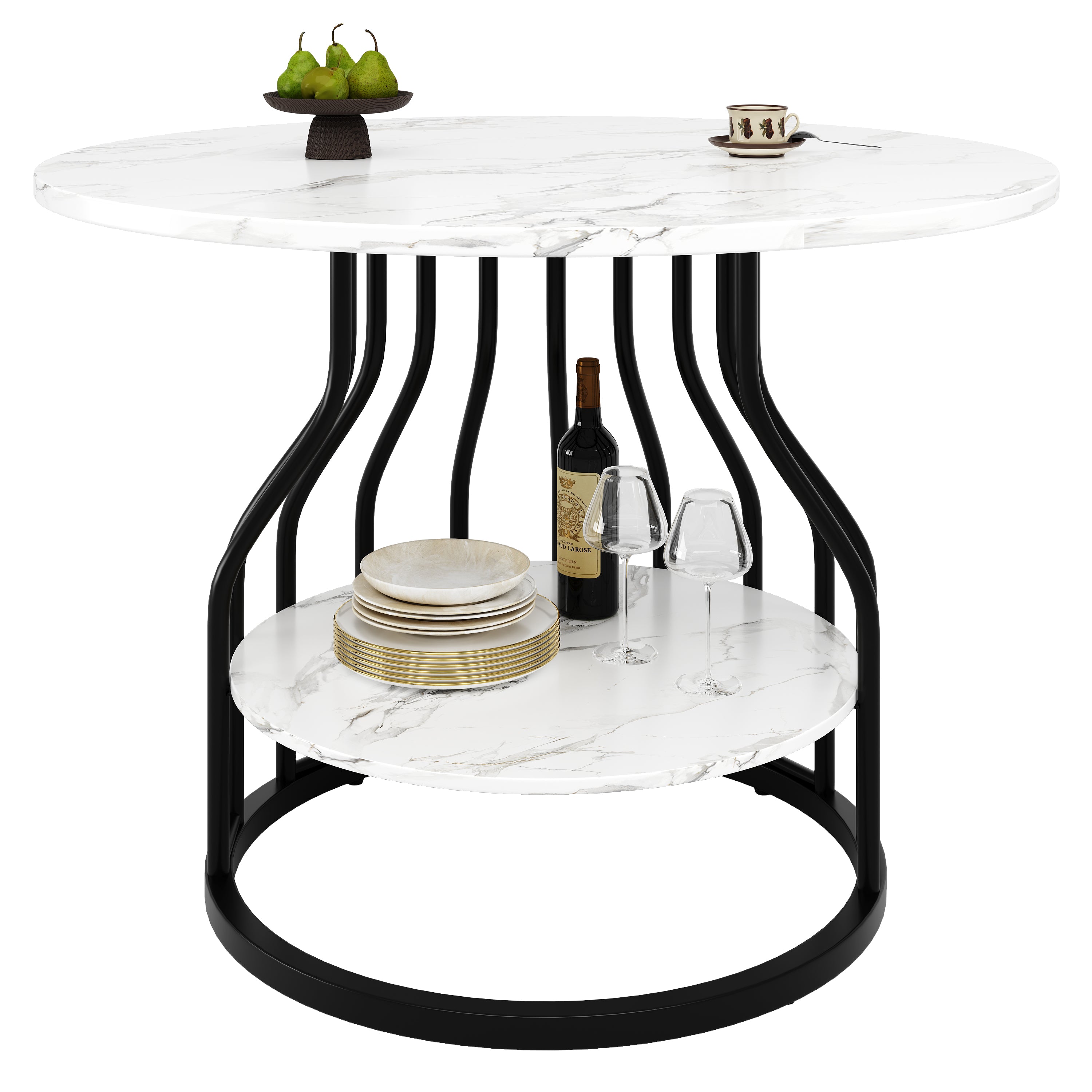 Round Dining Table, 4-Person Storage Shelf MDF Marble, Black