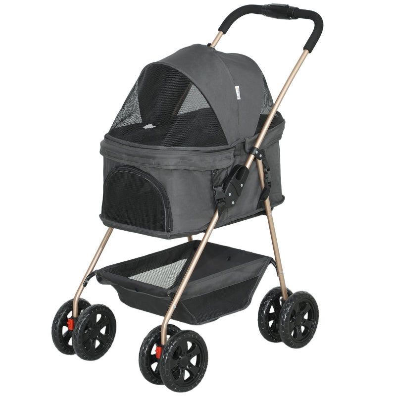 Pet Stroller 3-in-1 Folding with 4 Wheels, Removable Carrier, Grey