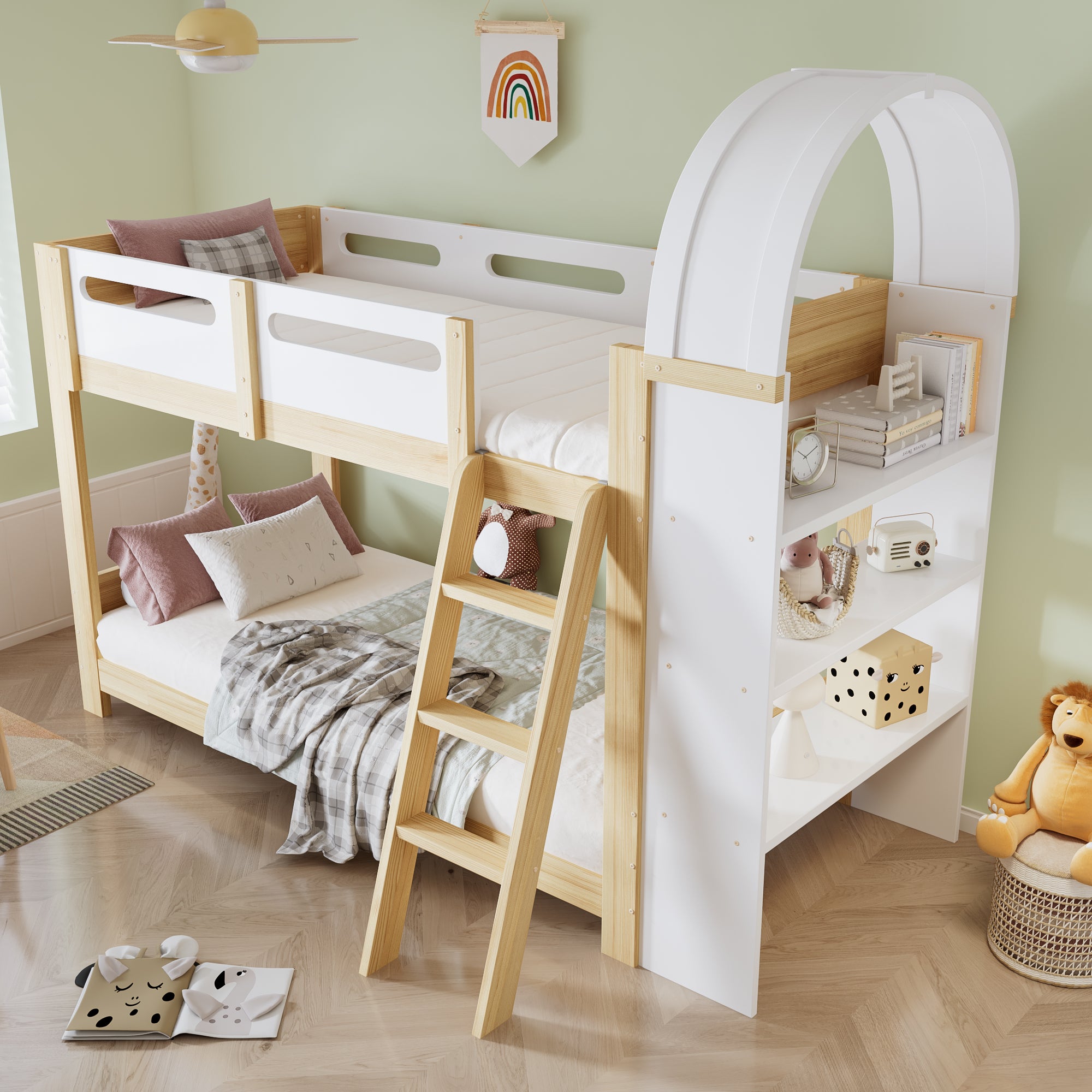 Bunk Bed with Shelf, Rail, & Ladder, Pine + MDF + Plywood, White + Natural