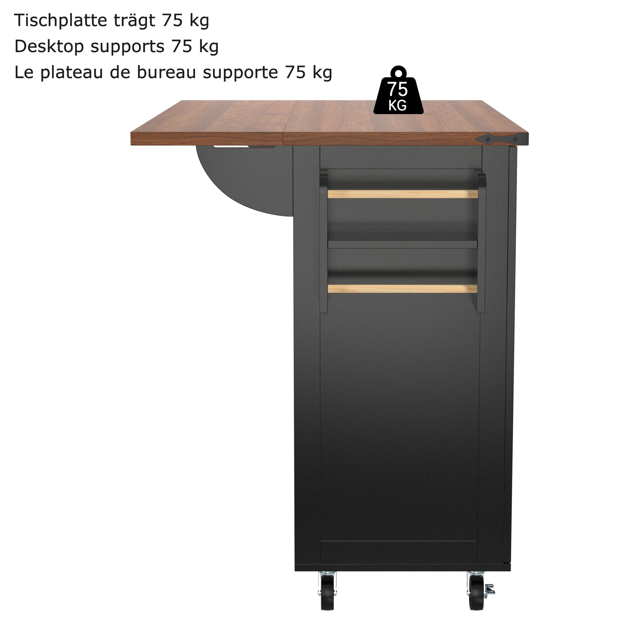 Kitchen Island Trolley with Pull-out Worktop, 2 Doors, 3 Drawers, Wood Grain Black