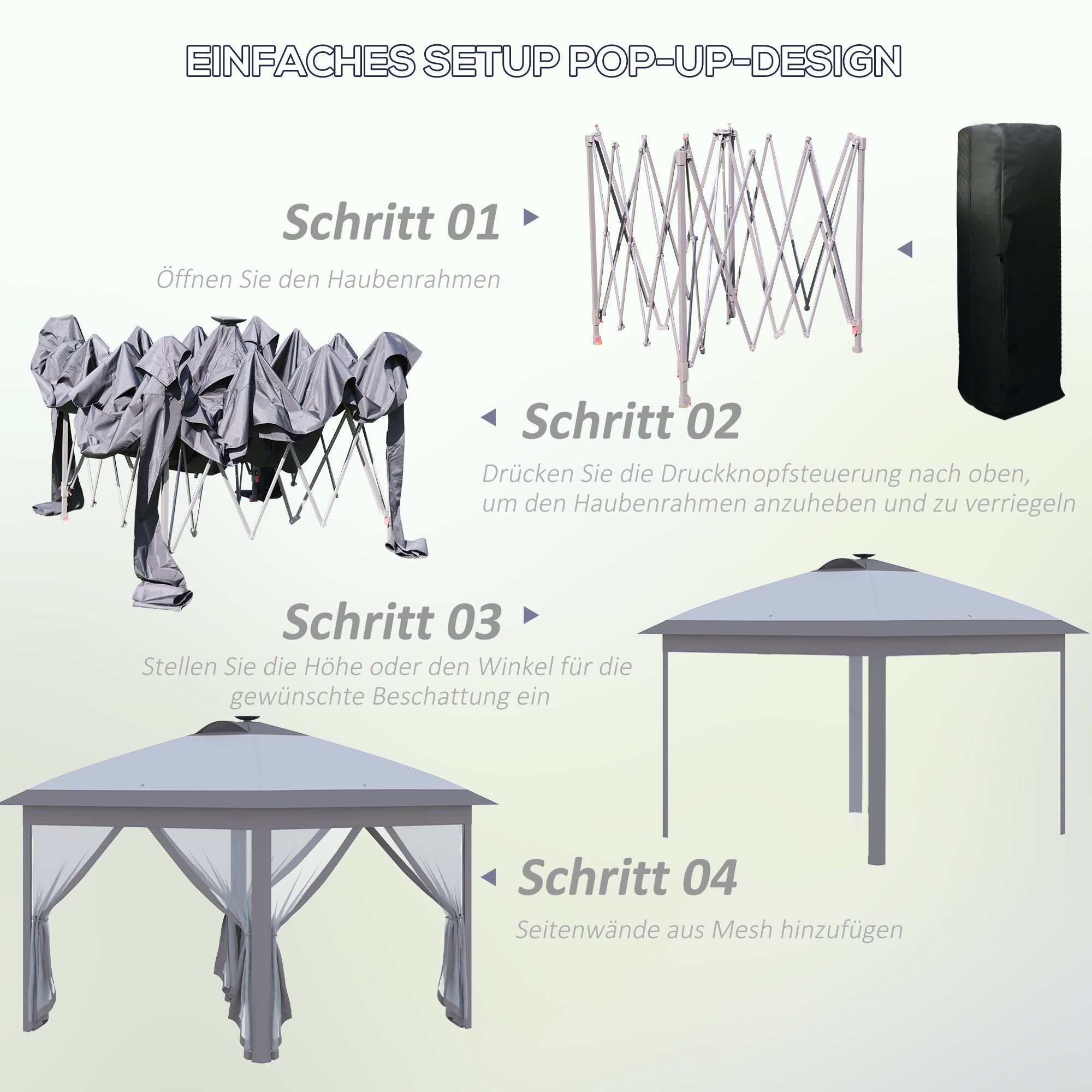 Folding Gazebo 3.3x3.3m Pop-Up LED USB Mesh Side Panels, Grey Oxford Fabric