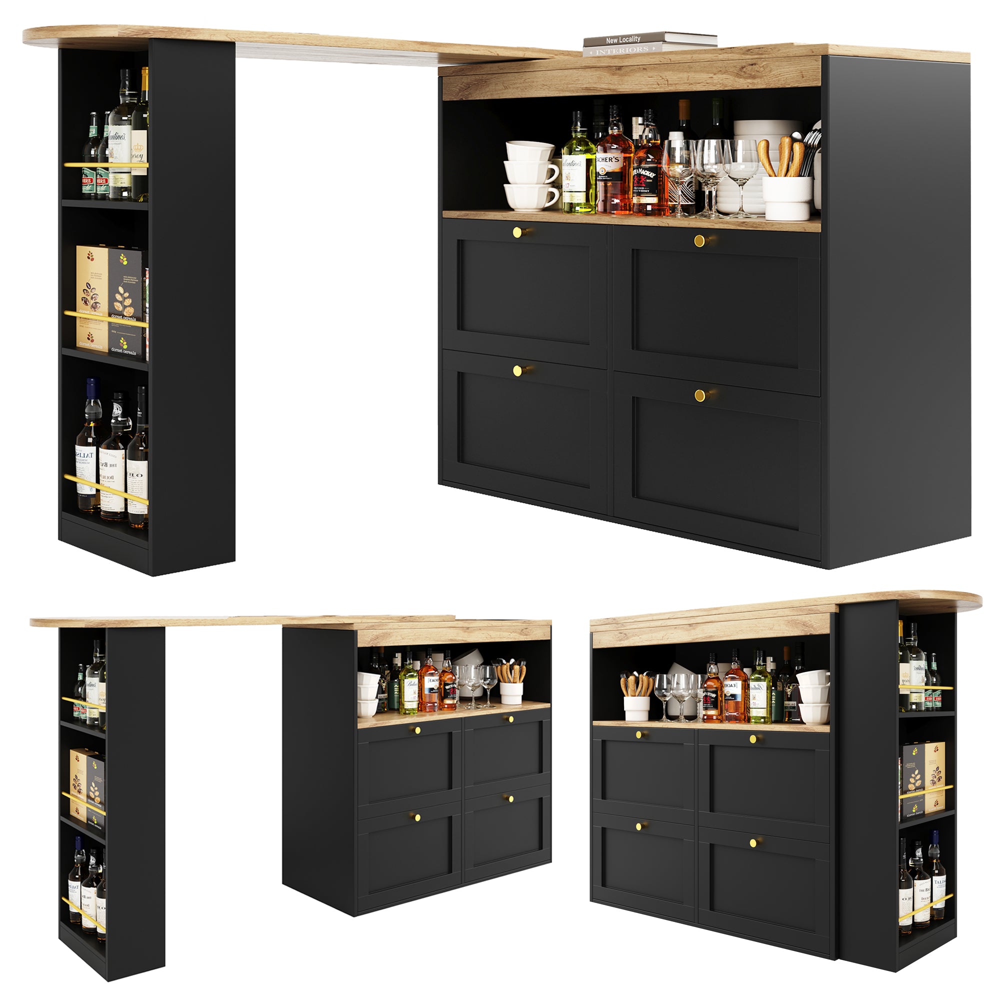 360° Rotating Bar Table with 4 Drawers and Open Shelves Storage